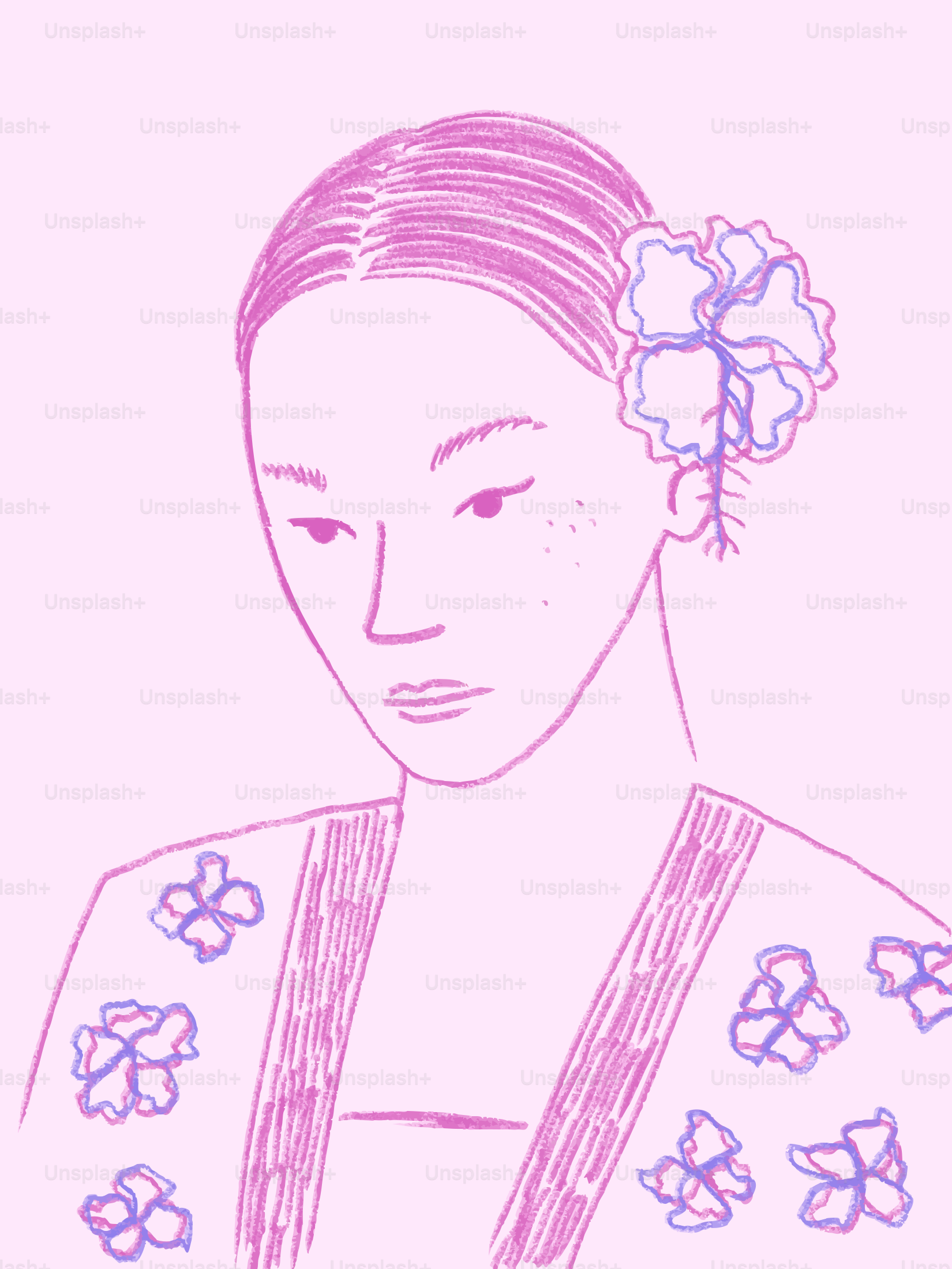 Woman with flower in hair and floral clothing.