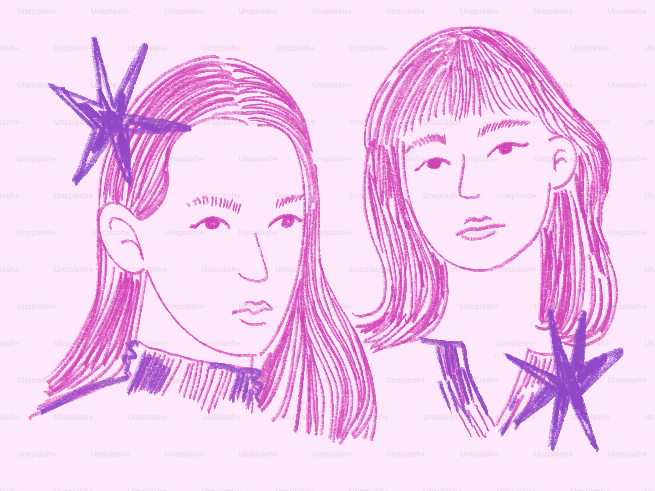 Two women with purple hair and star accents.