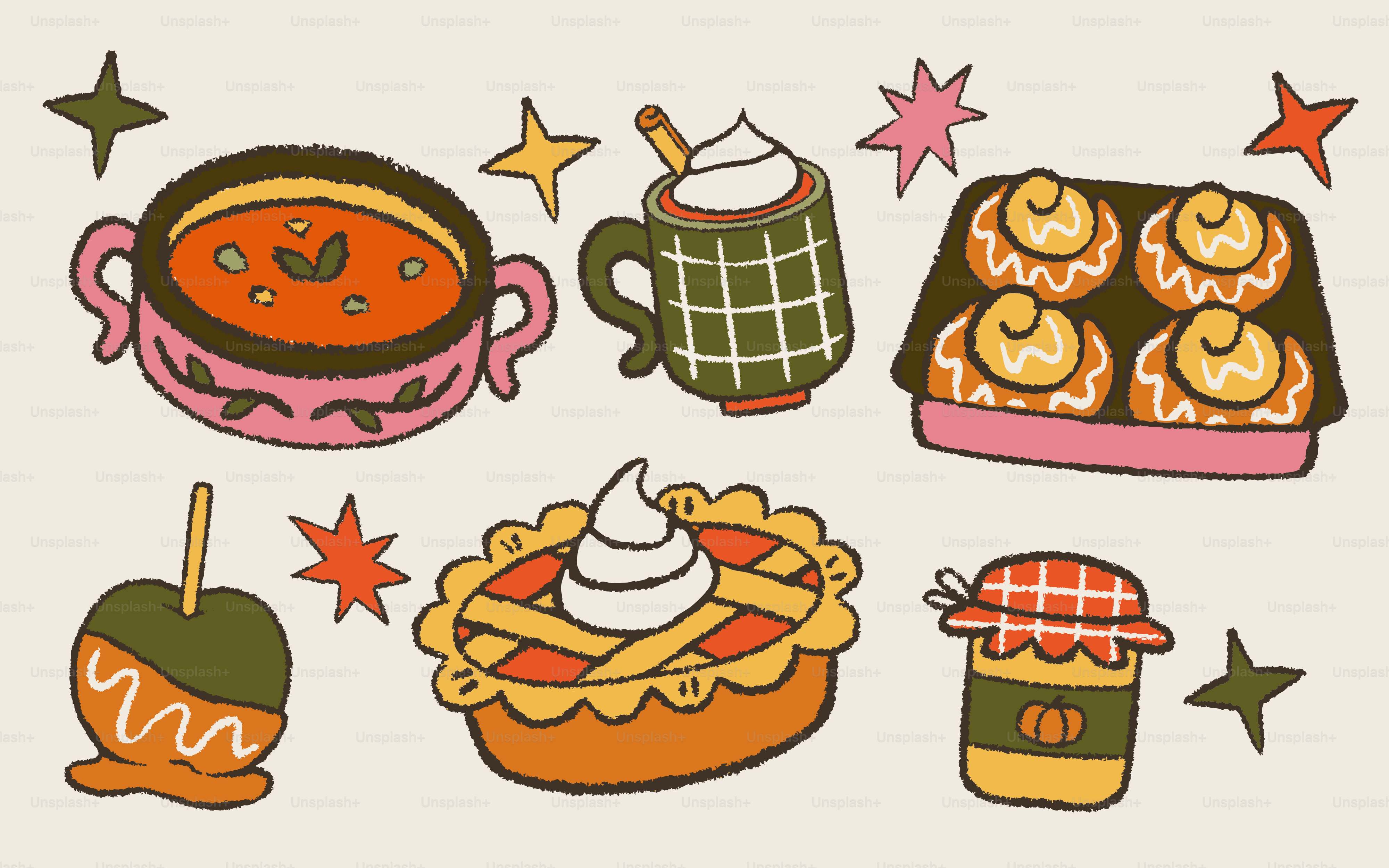 Autumn treats including pie, soup, and caramel apple.