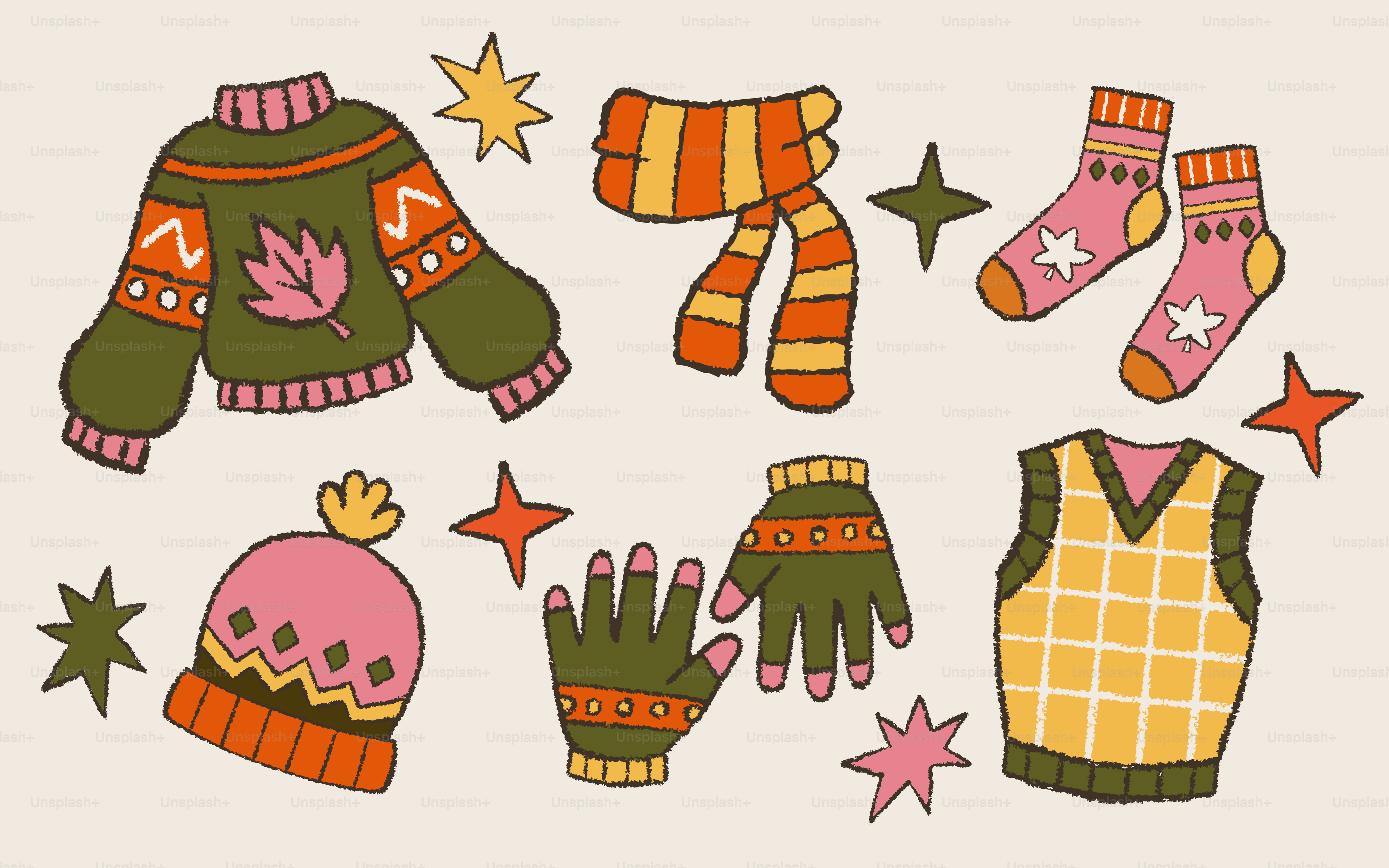 Autumn clothing and stars on a beige background