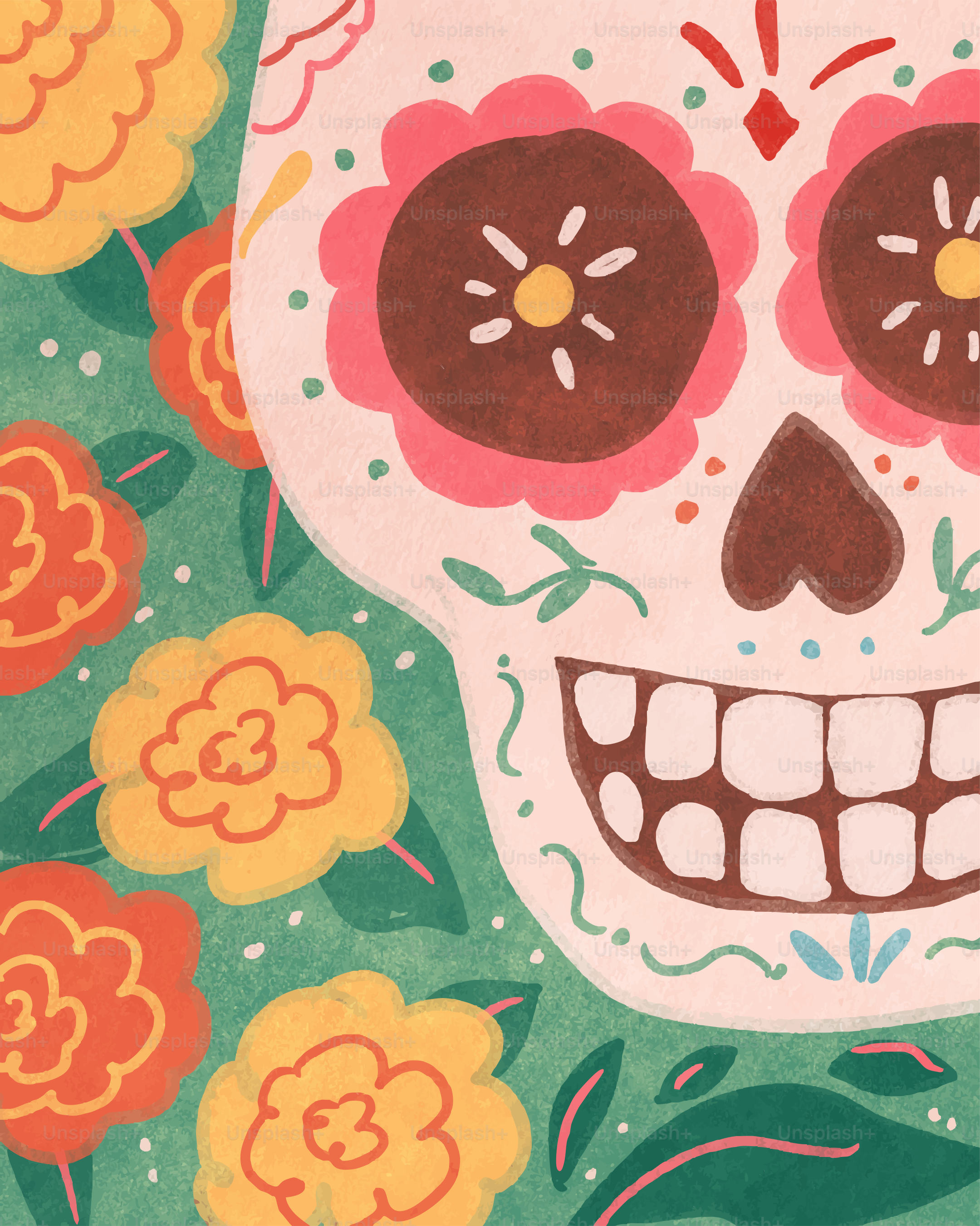 Decorated skull with flowers, day of the dead theme.