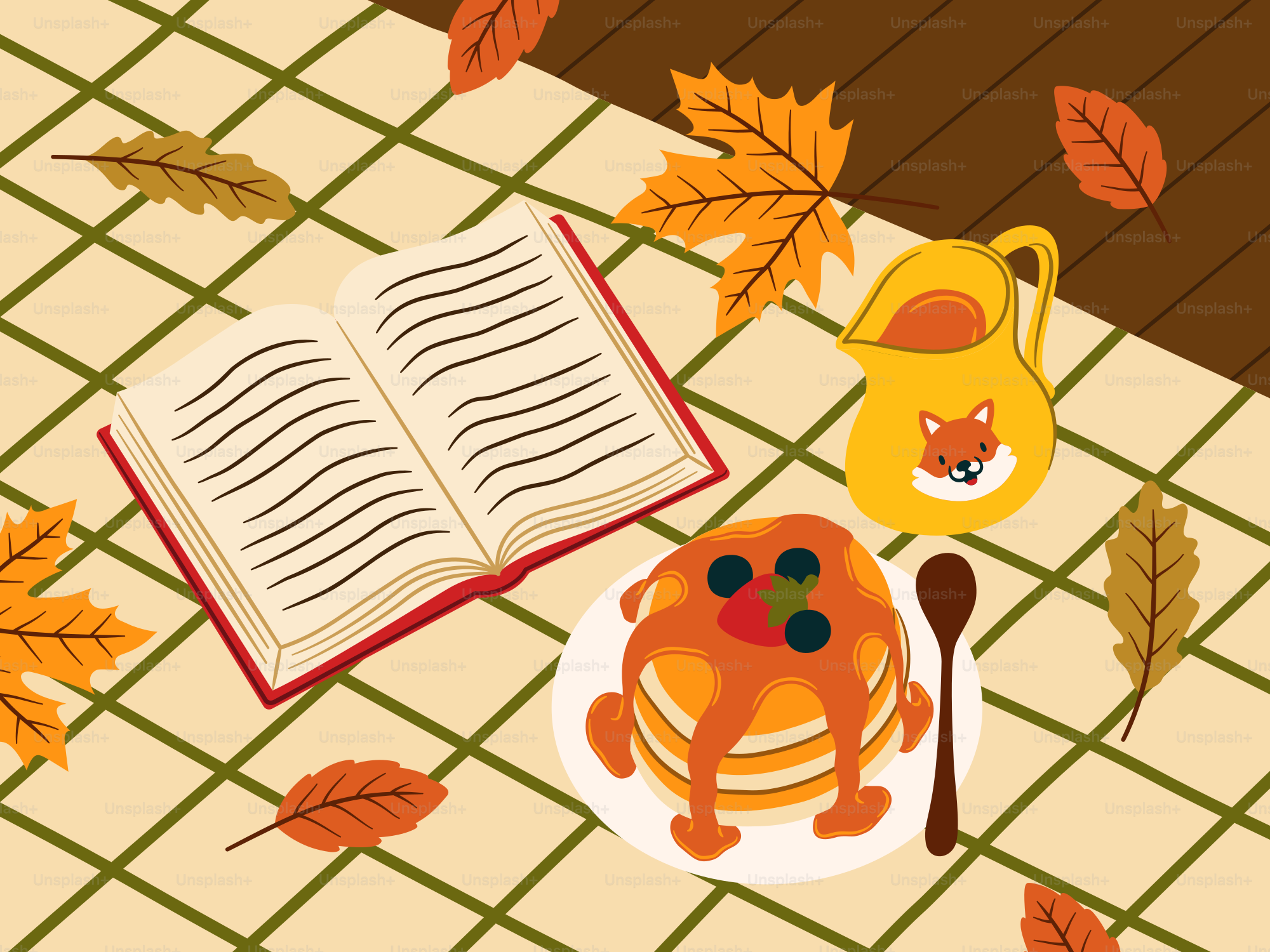 Open book, pancakes, and syrup pitcher with autumn leaves.