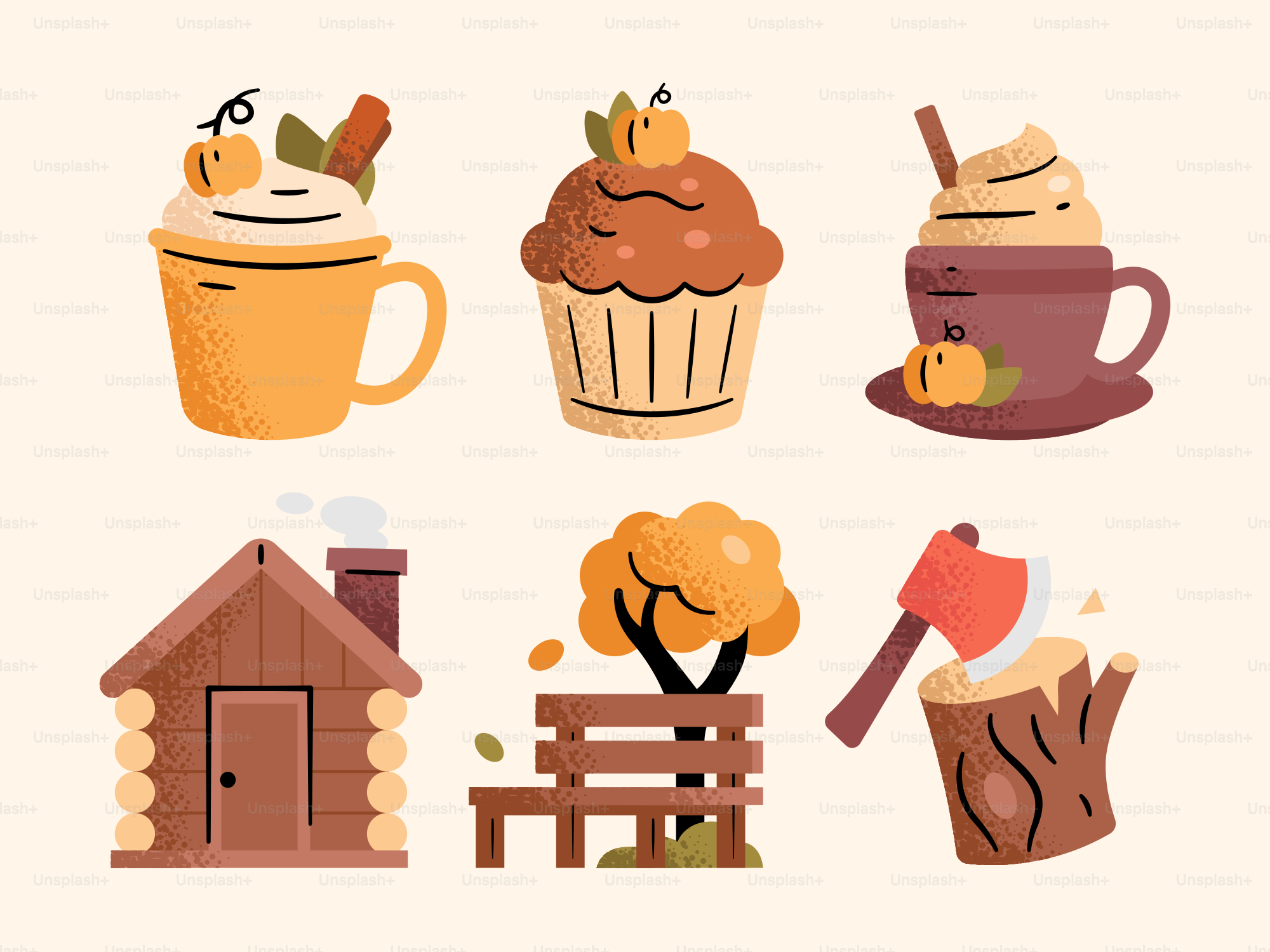 Illustrazioni a tema autunnale di bevande, cupcake, cabina, panchina e ascia.
