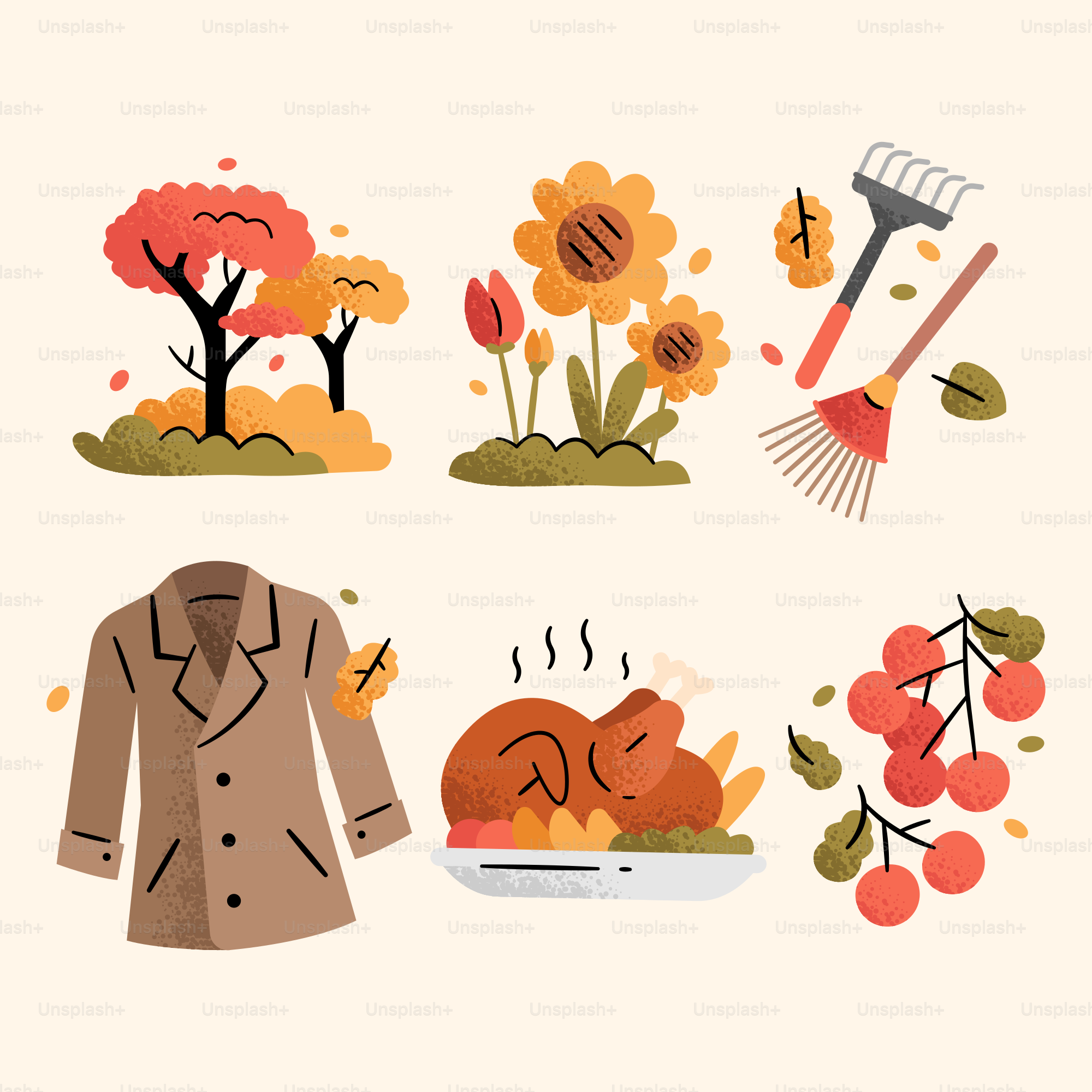 Elementi autunnali come alberi, fiori, rastrello, mantello, tacchino e bacche.