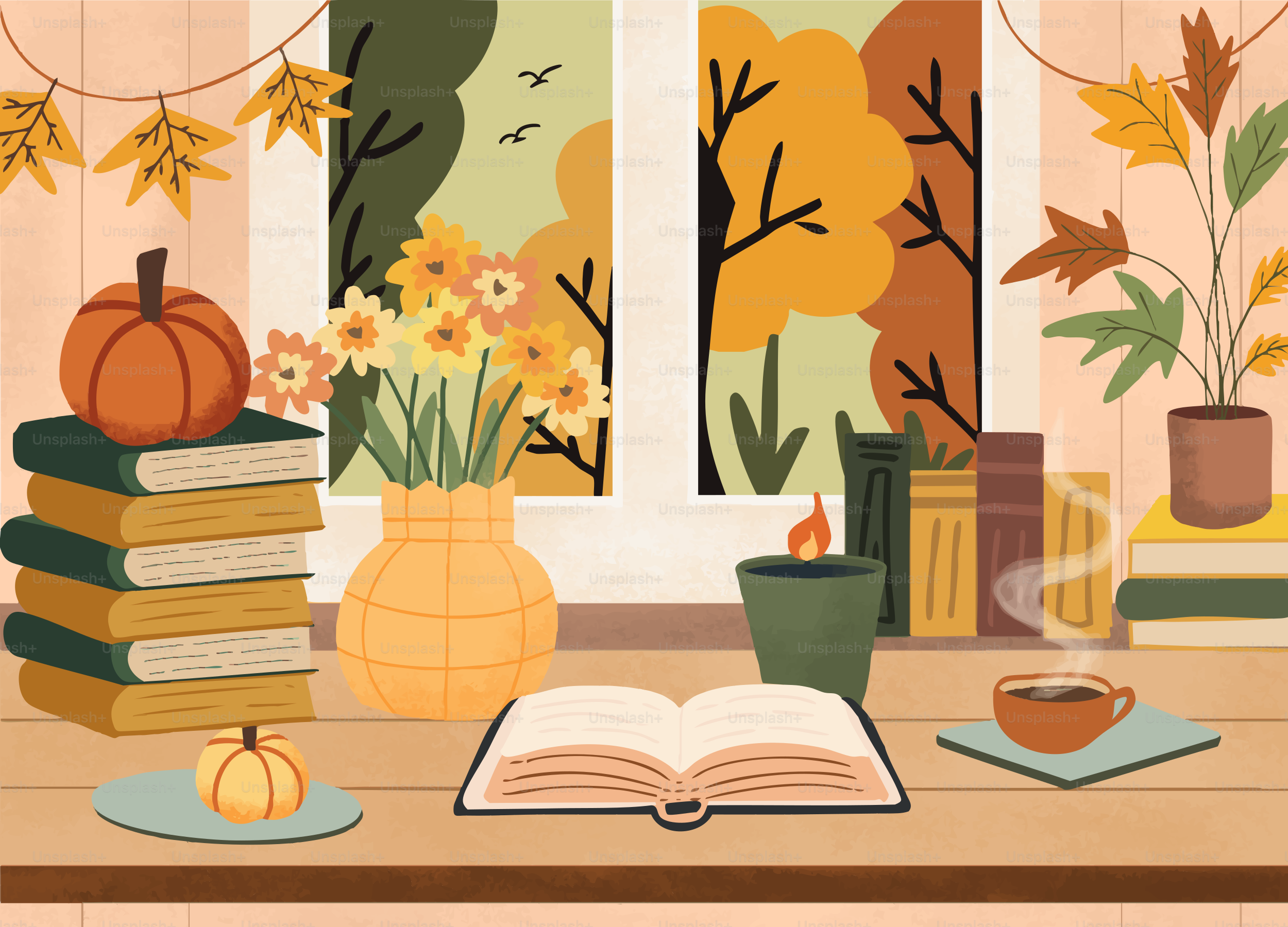 Cozy autumn scene with books, pumpkin, and coffee