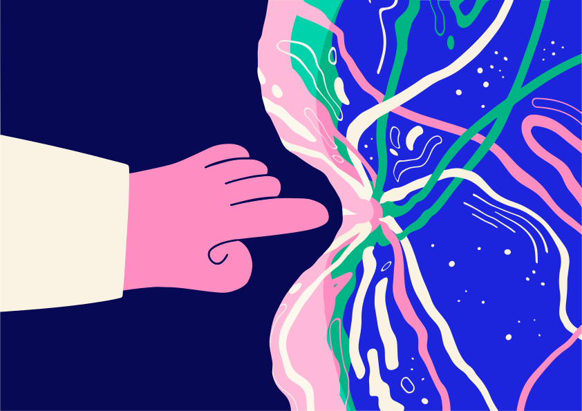 Pink hand points at abstract colorful lines on dark blue background.