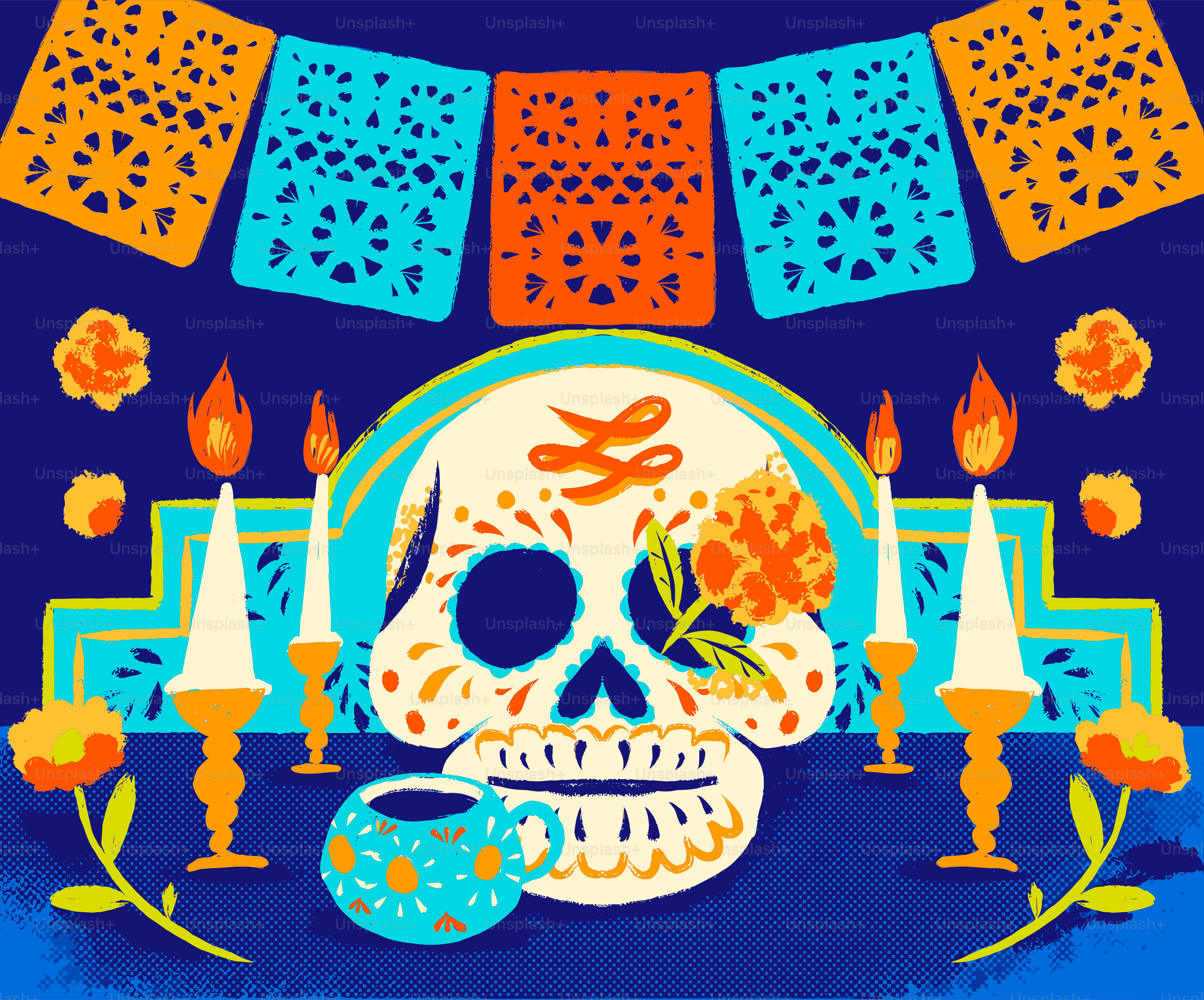 Day of the dead altar with skull and candles