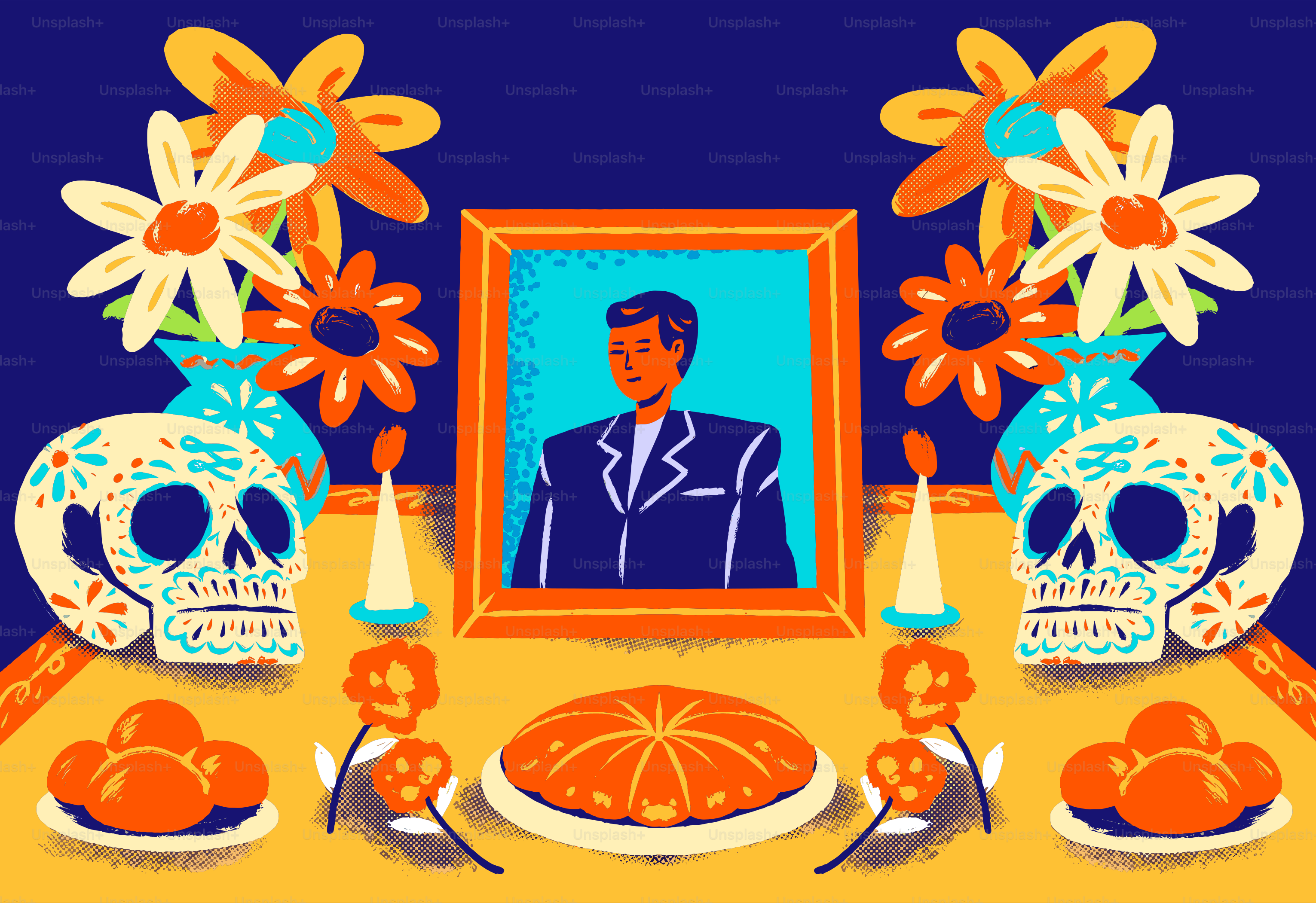 Day of the dead altar with portrait and skulls