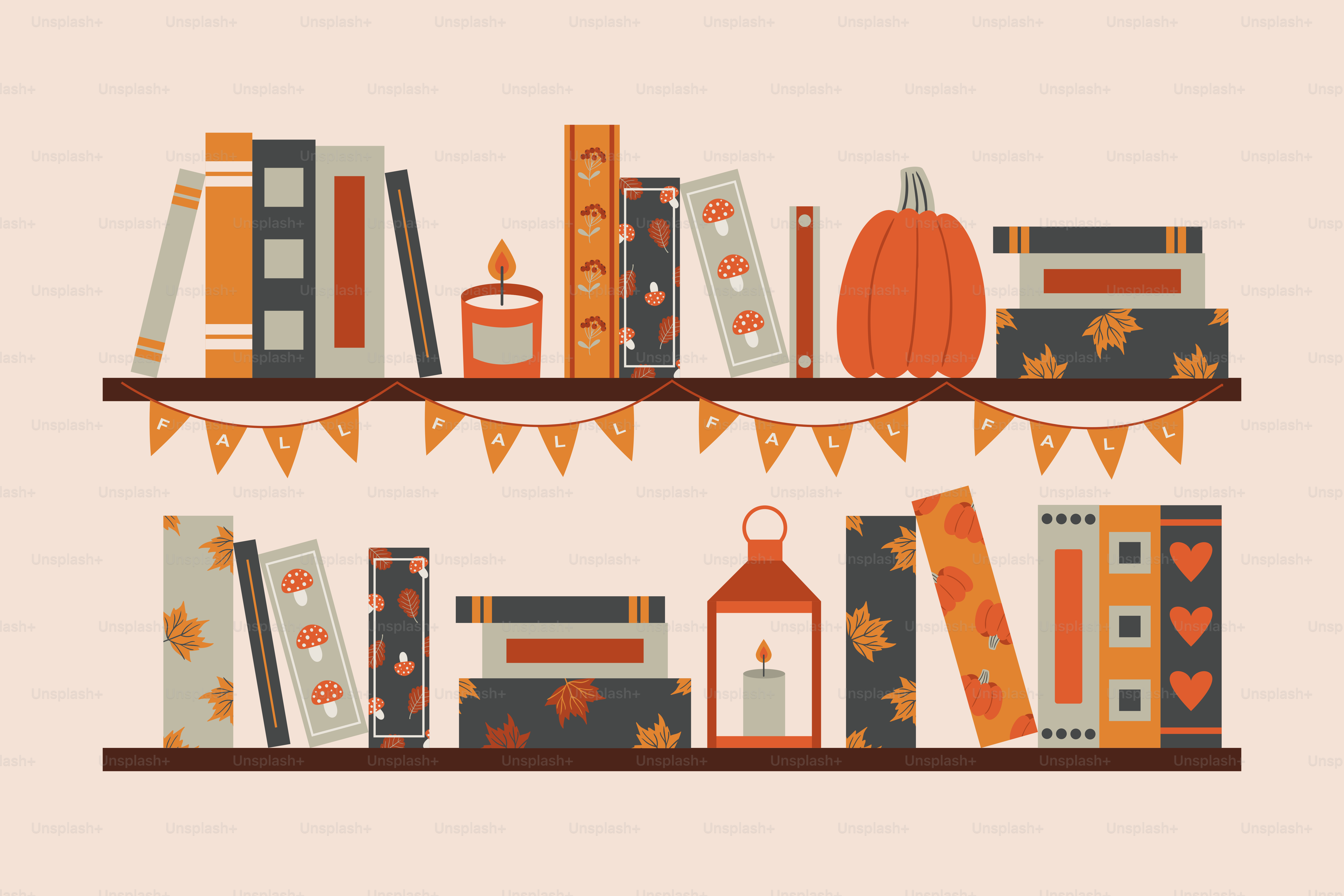 Bücherregale gefüllt mit Büchern und Herbstdekorationen.