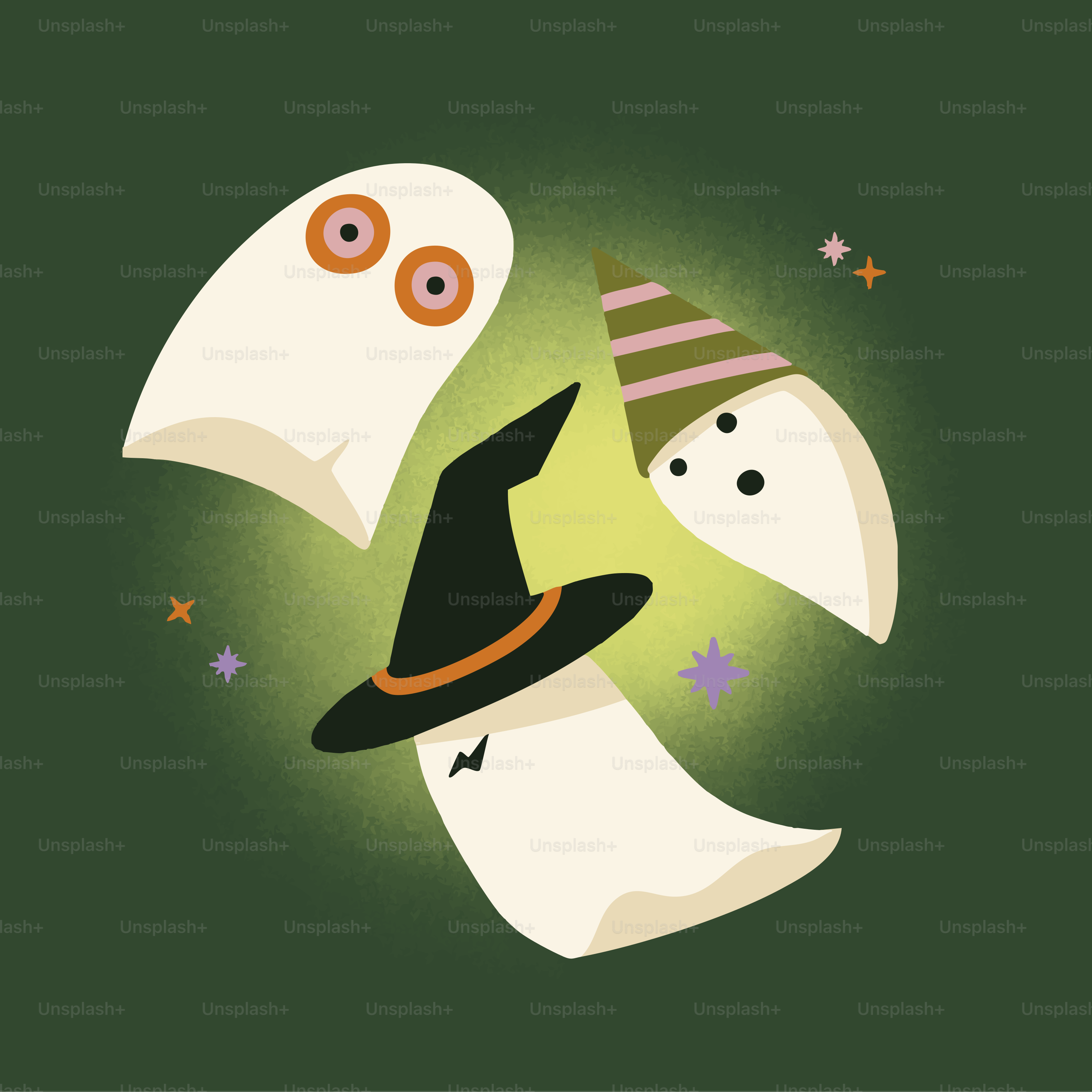 Tres fantasmas de dibujos animados con un sombrero de bruja.