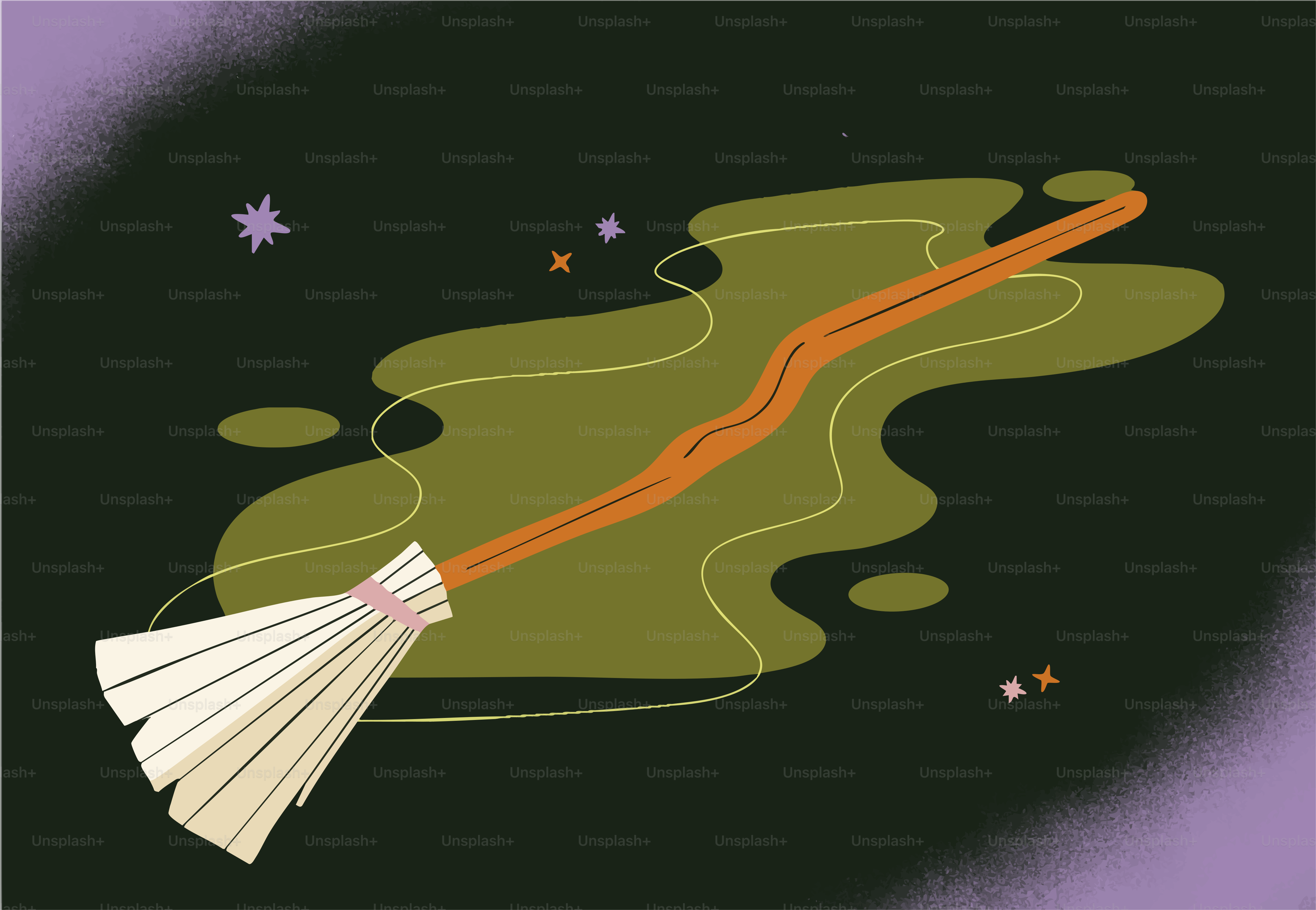 A witch's broomstick flying through the night sky.