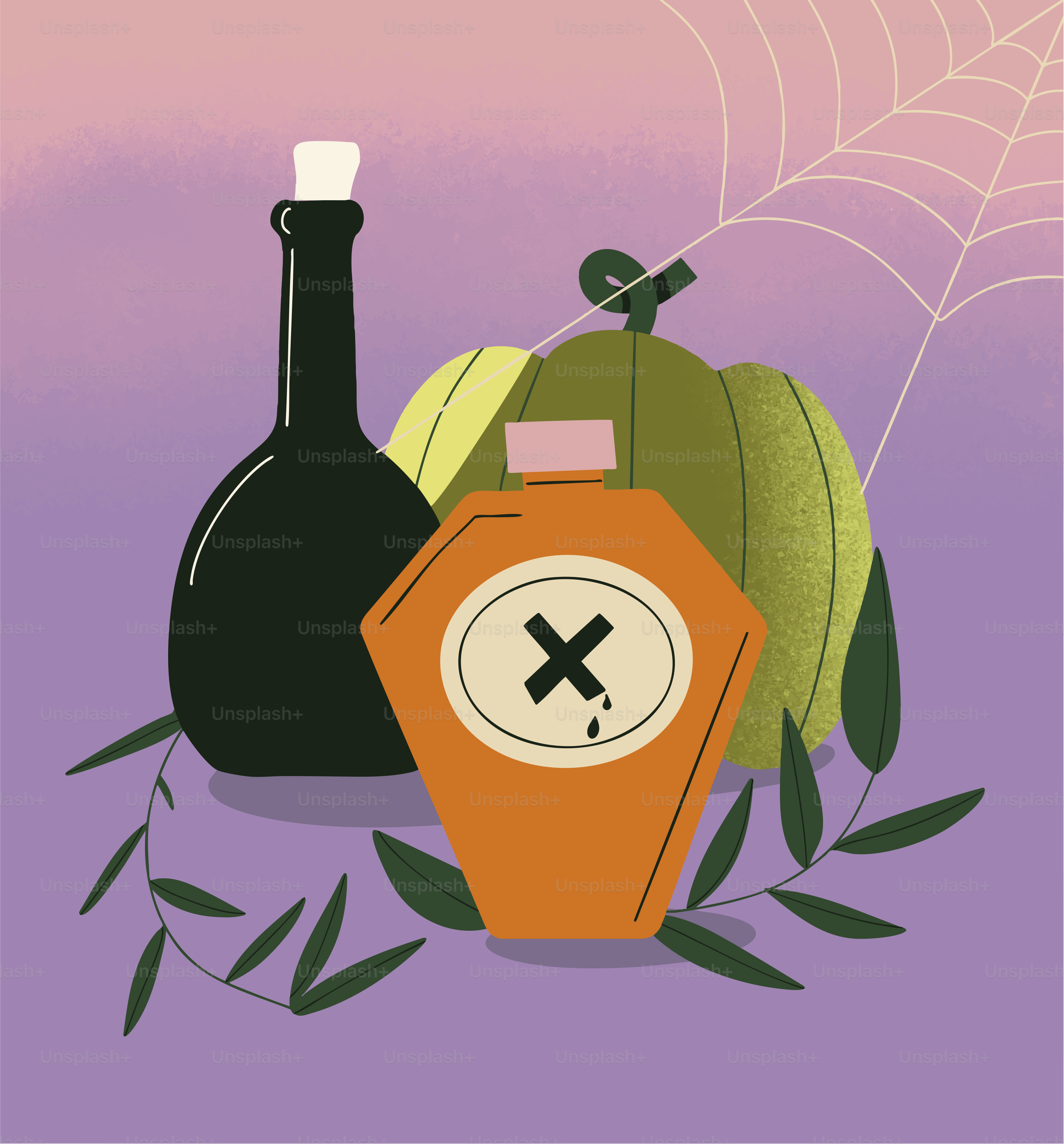 Halloween-Trankflaschen und Kürbis mit Spinnennetz