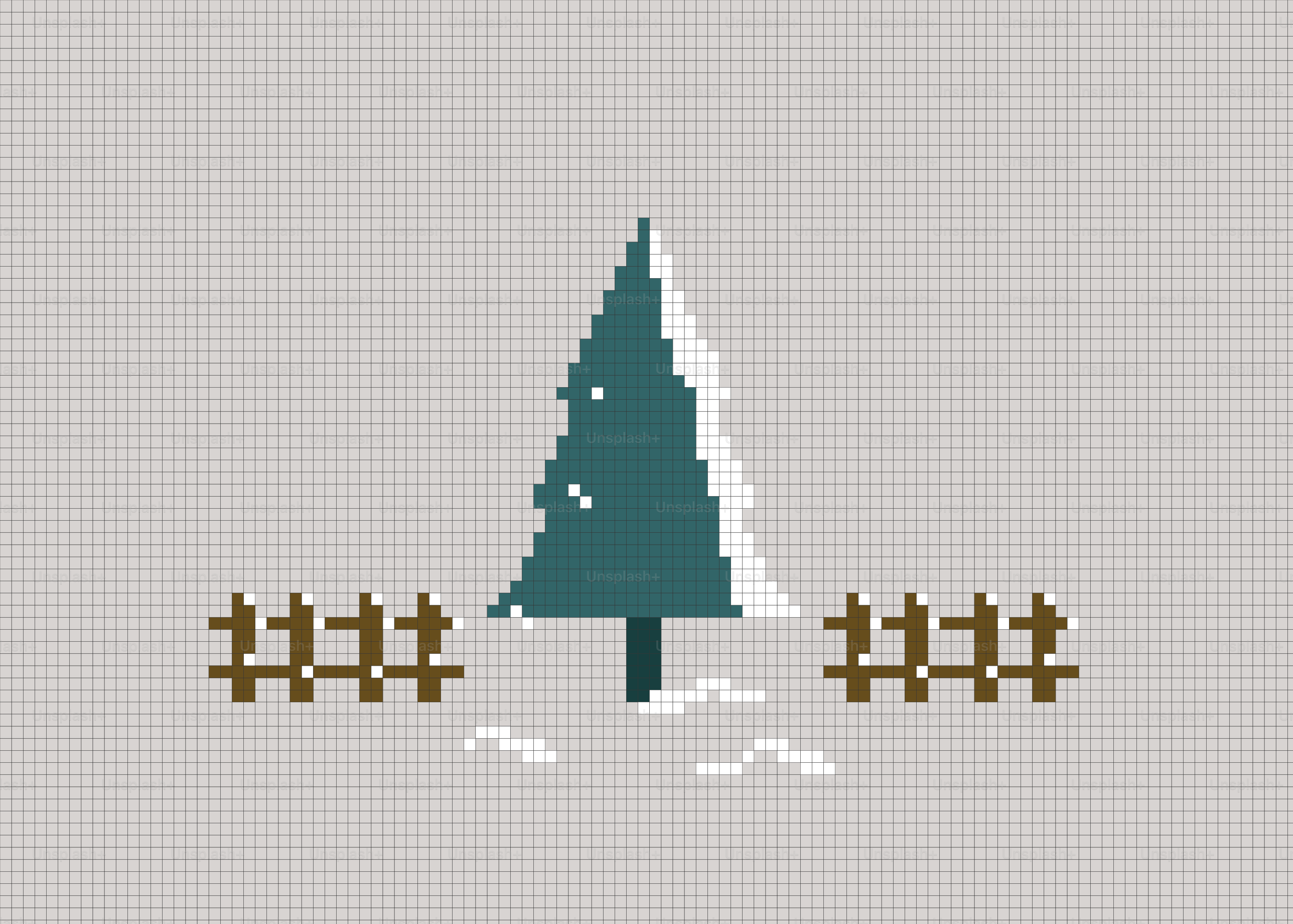 Pixel art of a snow-covered evergreen tree and fence.