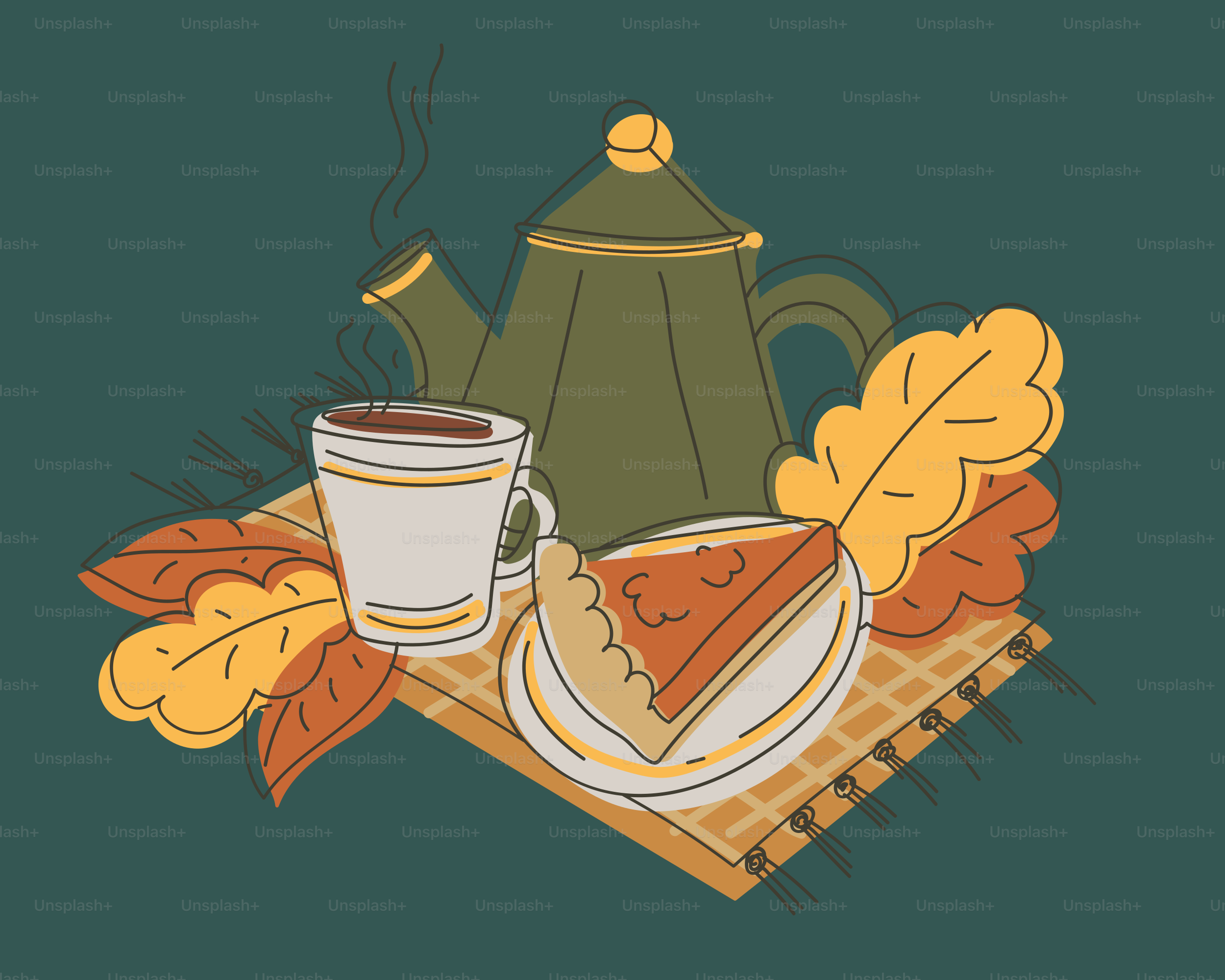 Café quente e torta de abóbora com folhas de outono