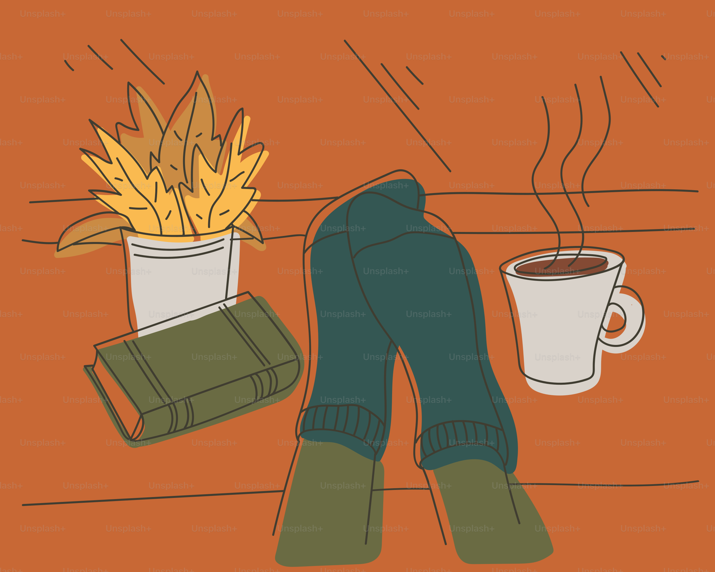 Cozy autumn scene with book, tea, and warm socks.