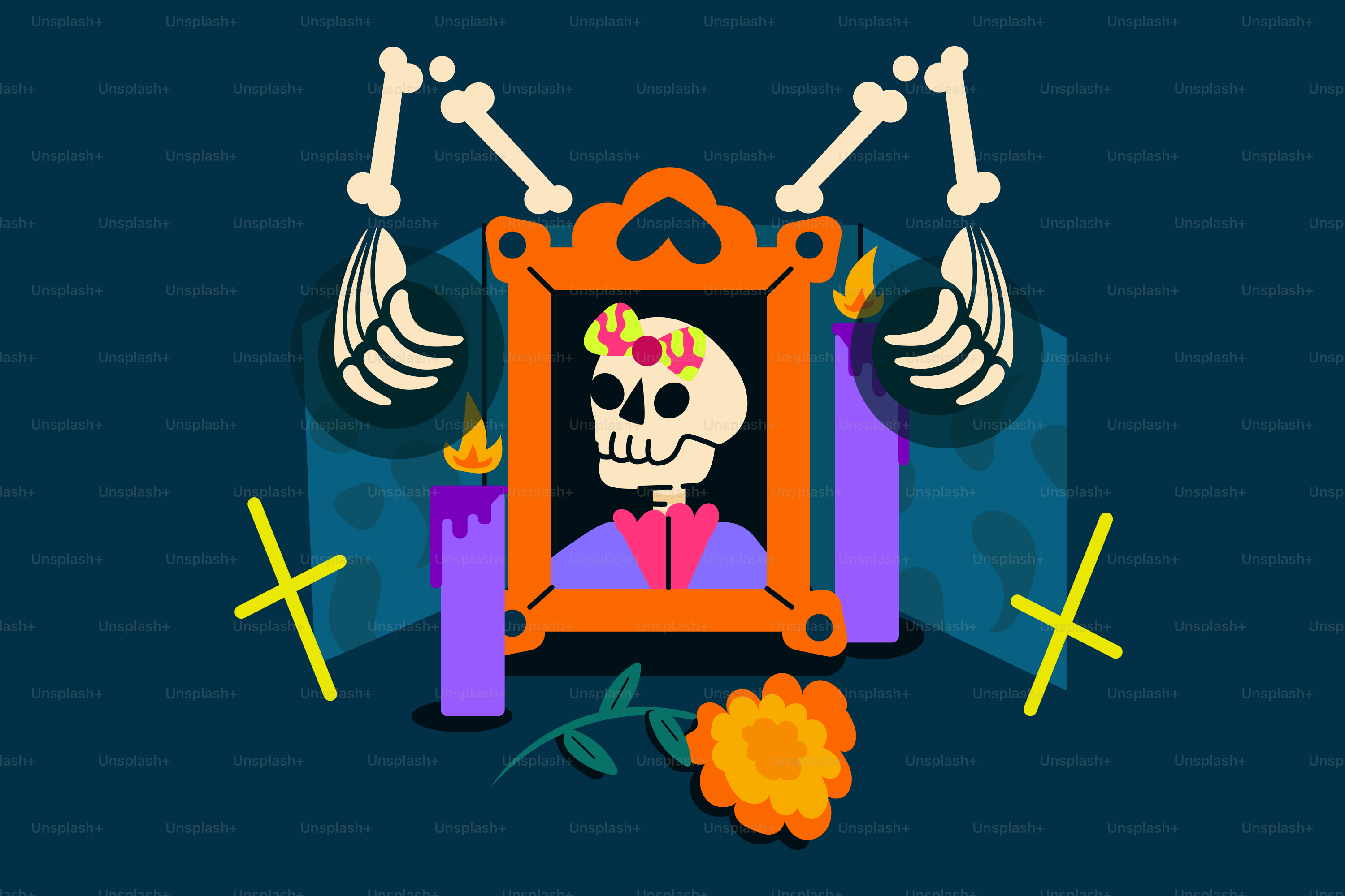 Day of the dead altar with skeleton and marigold flower.