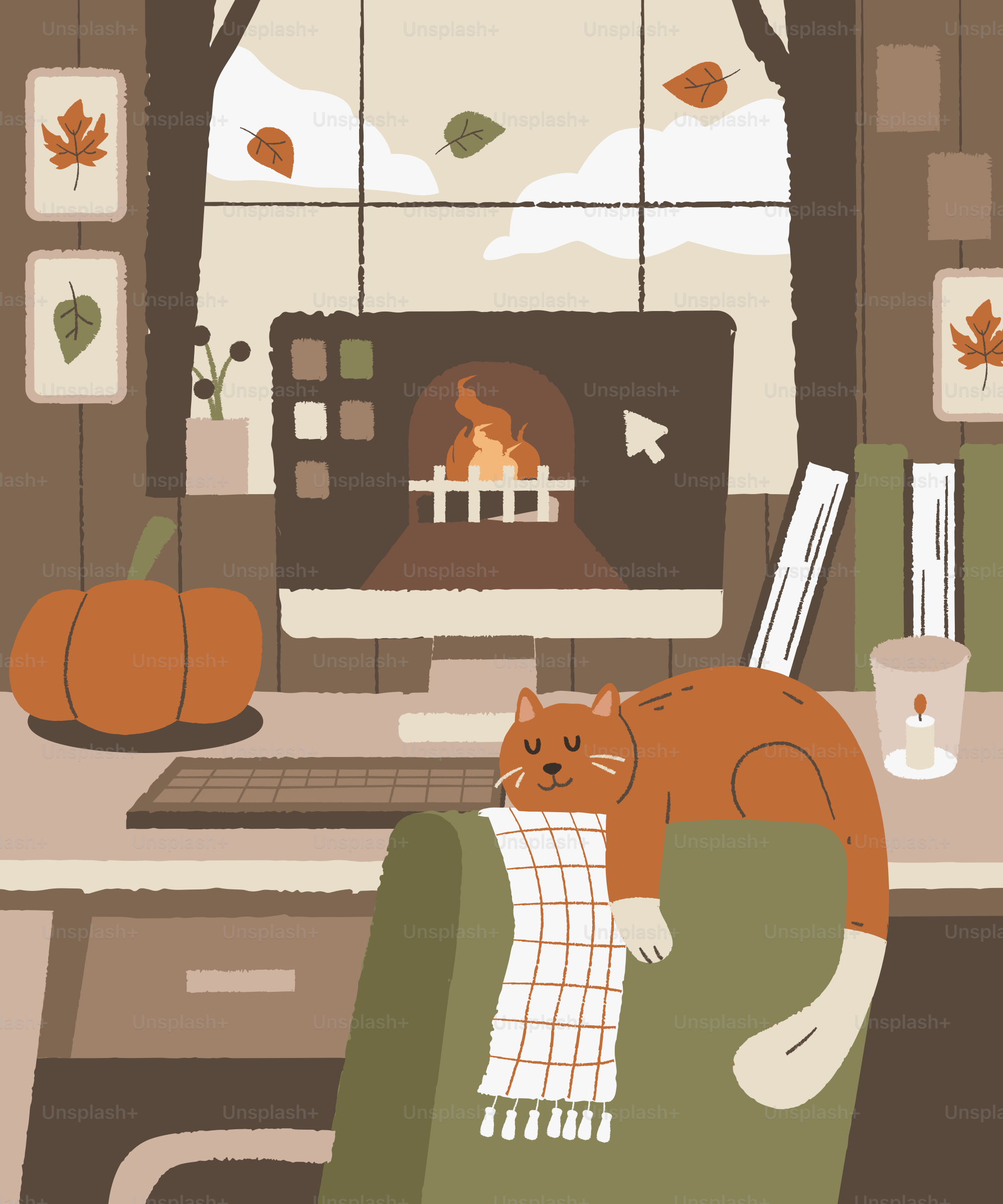 Orange cat sleeps on chair by desk with pumpkin