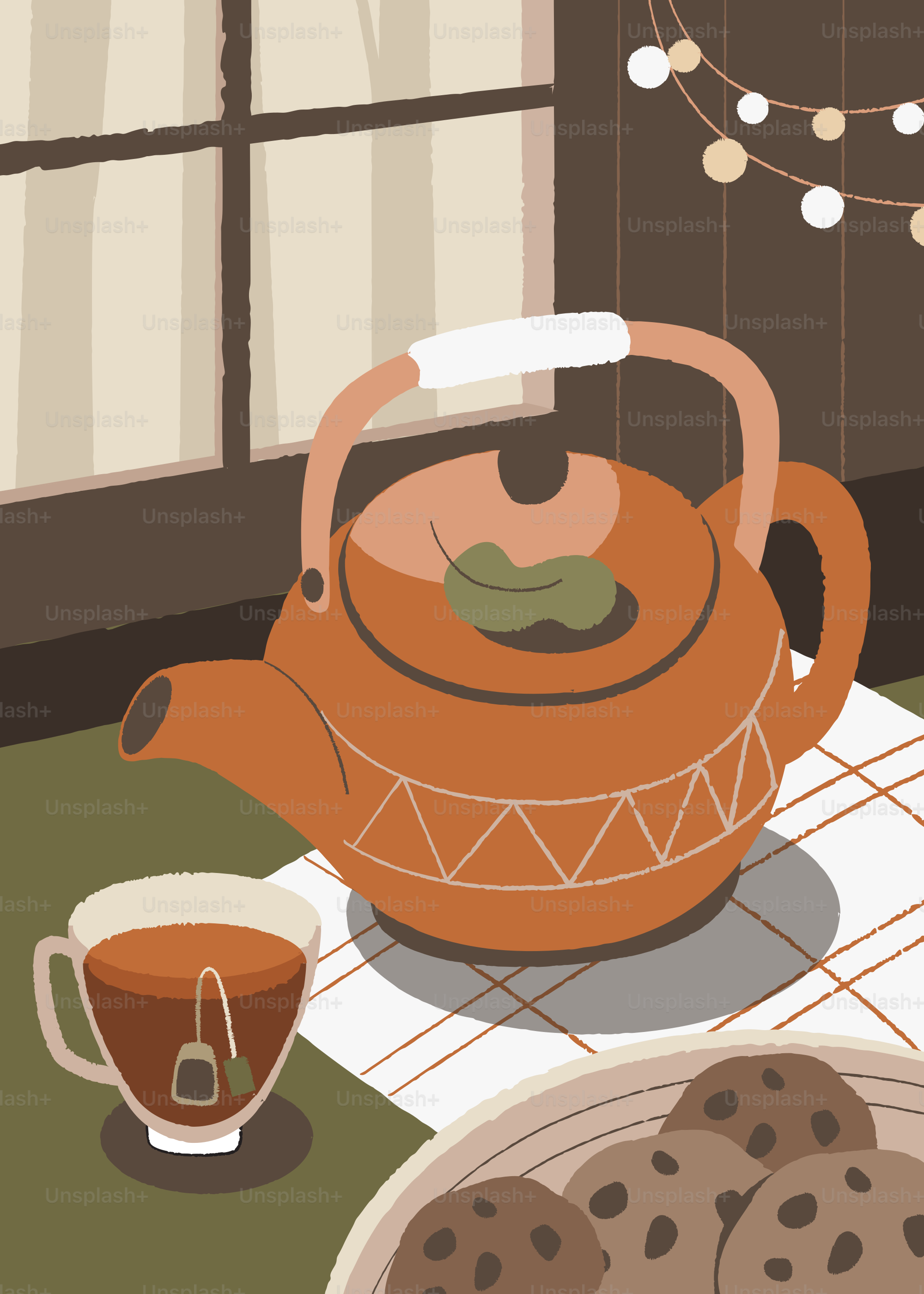 Teapot and cup of tea with cookies on table