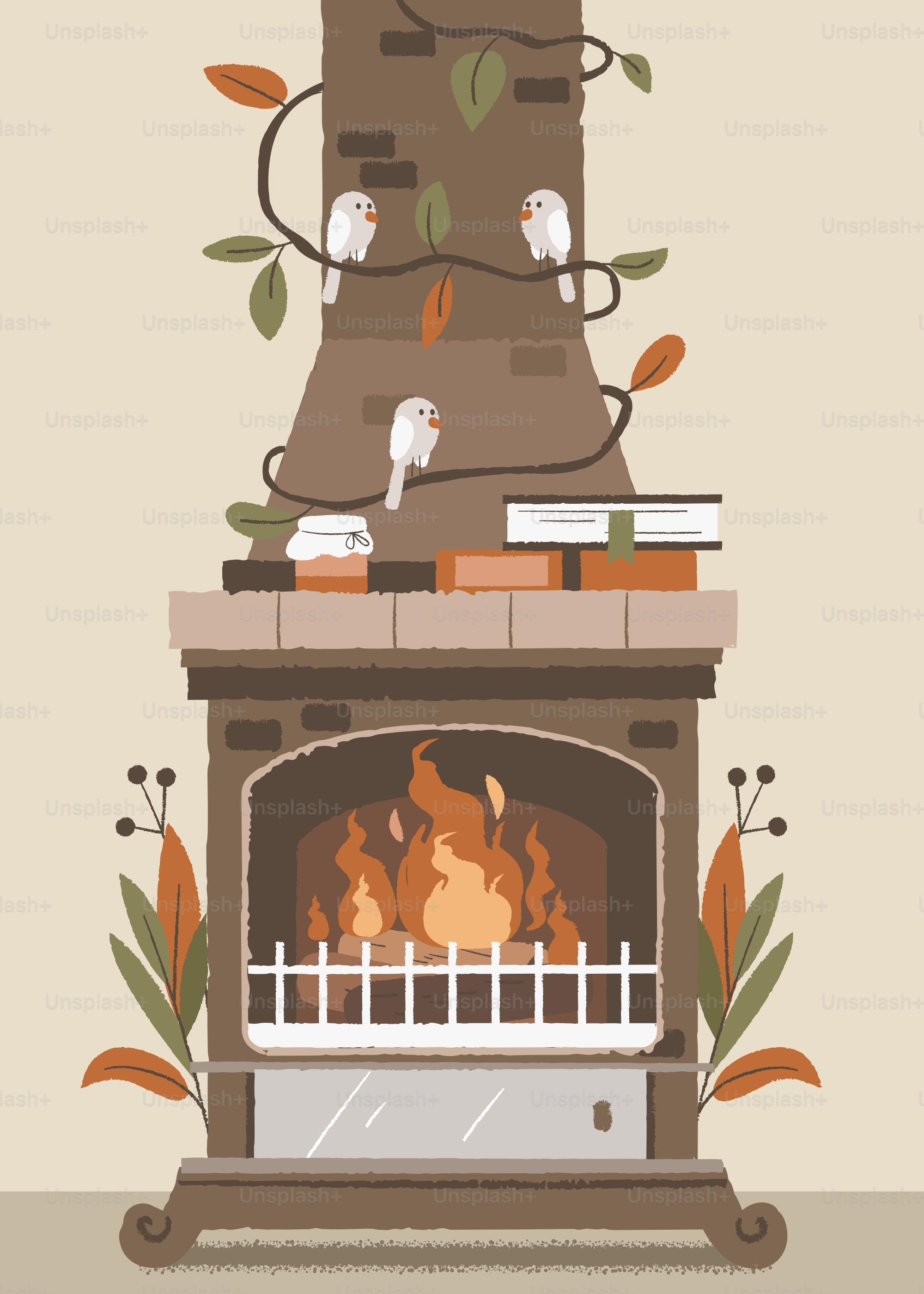 Cozy fireplace with books and birds