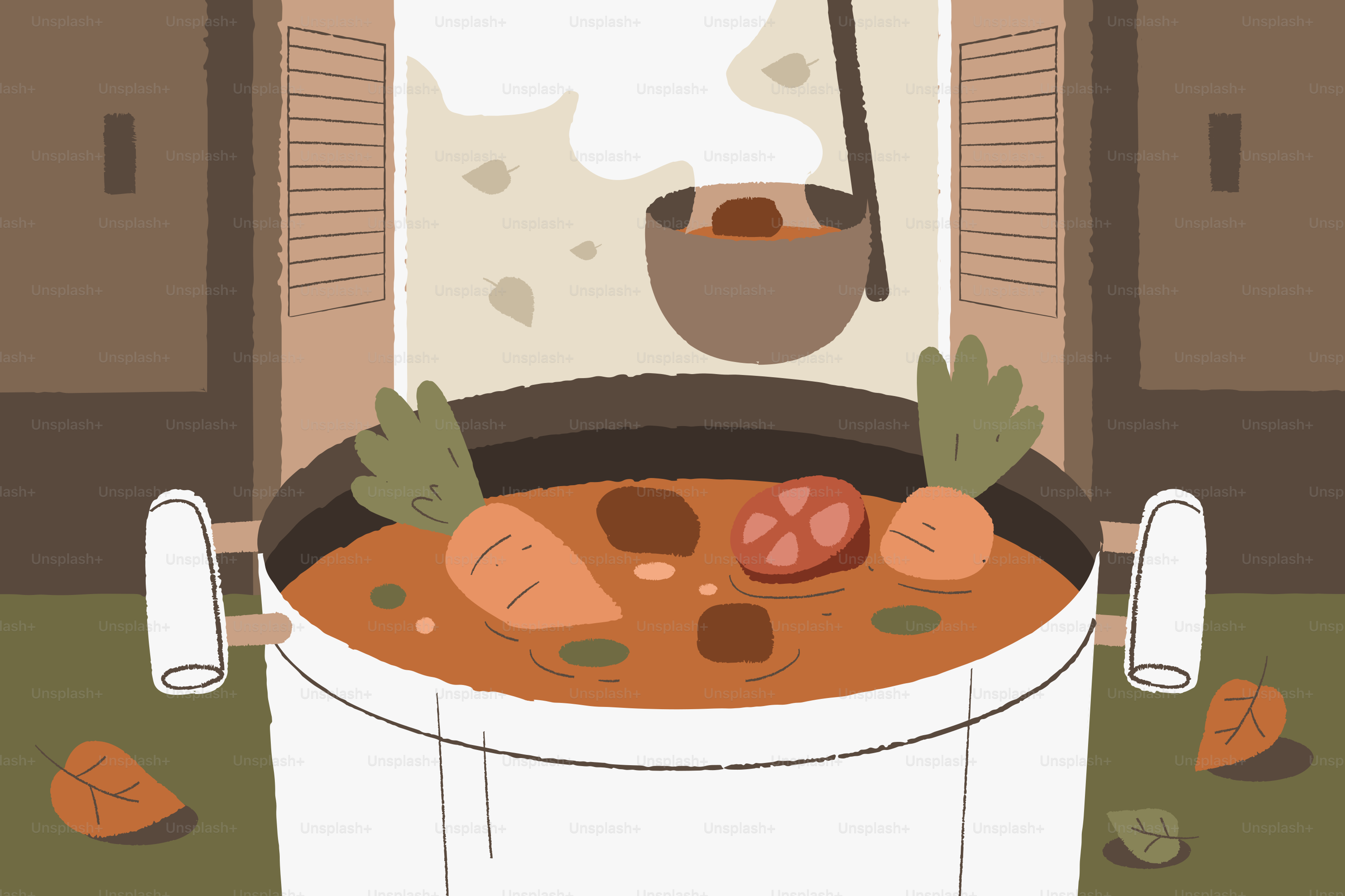 A large pot of stew with carrots and meat.