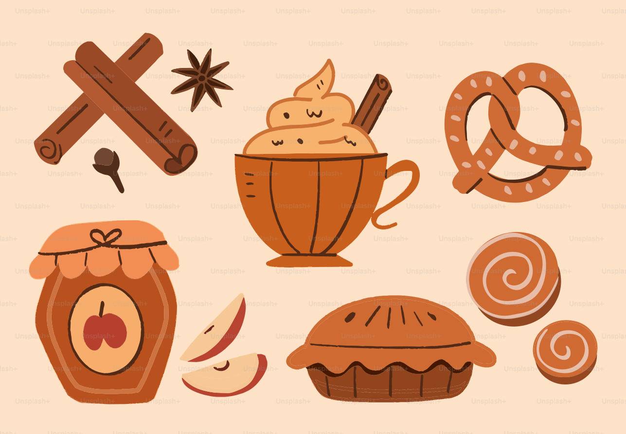 Autumn treats: pie, cinnamon, jam, and pretzel.