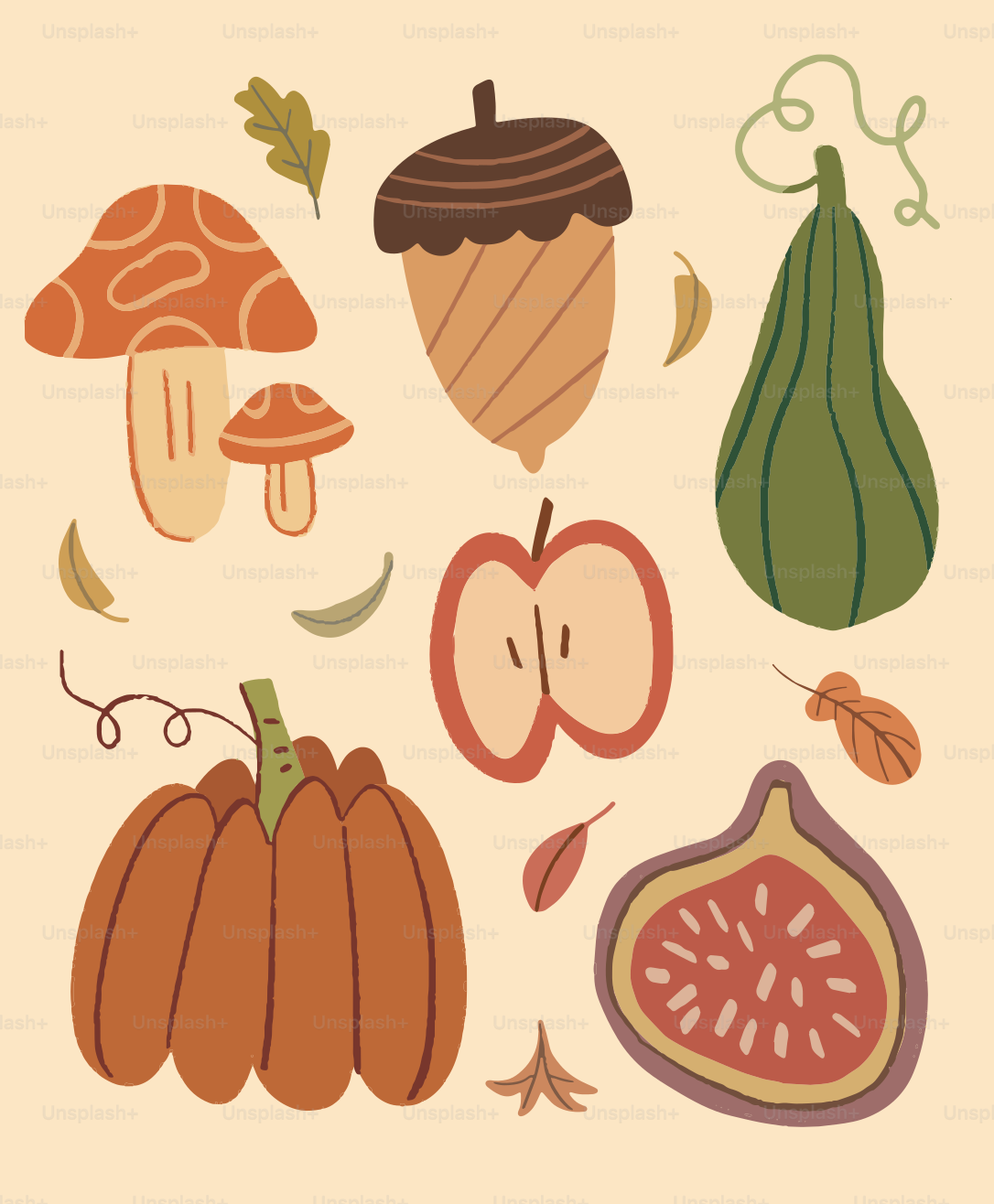 Autumn harvest elements including pumpkin, apple, and fig.