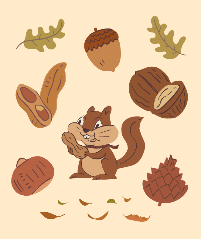 Una ardilla de dibujos animados con nueces y hojas de otoño