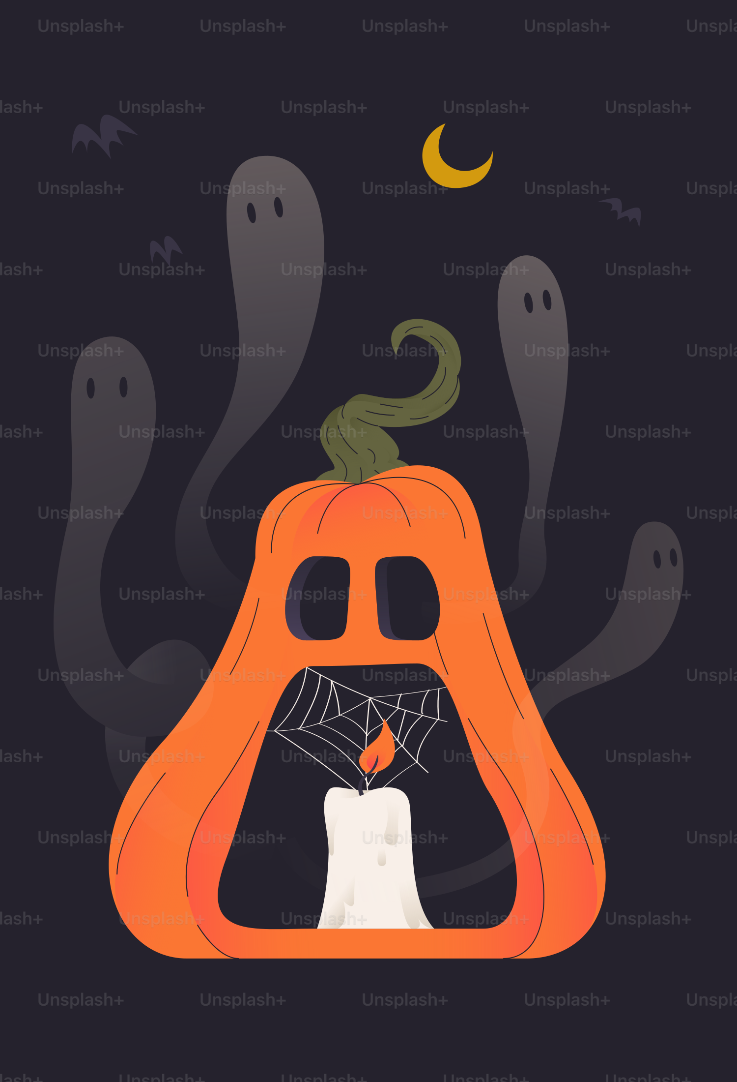 Abóbora de Halloween com fantasmas e morcegos à noite