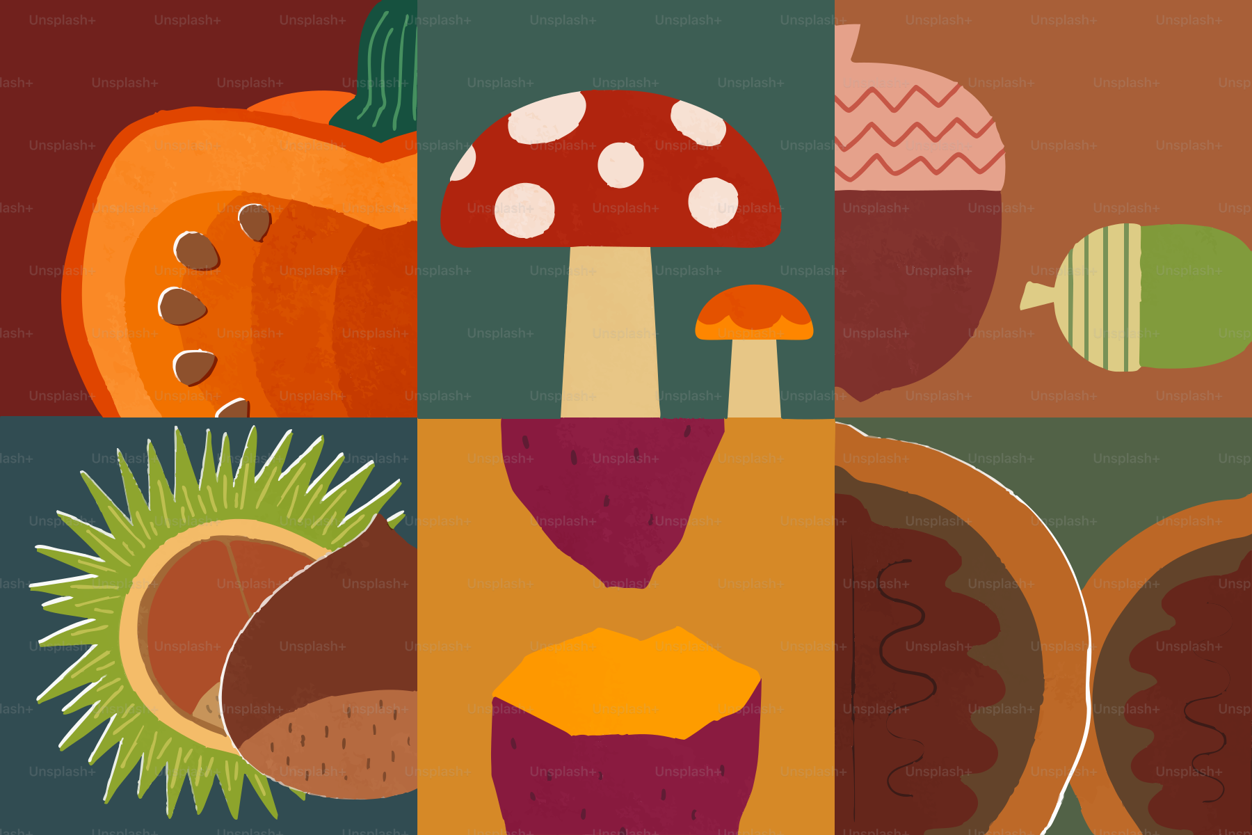 Autumn harvest collage with pumpkin, mushrooms, and nuts