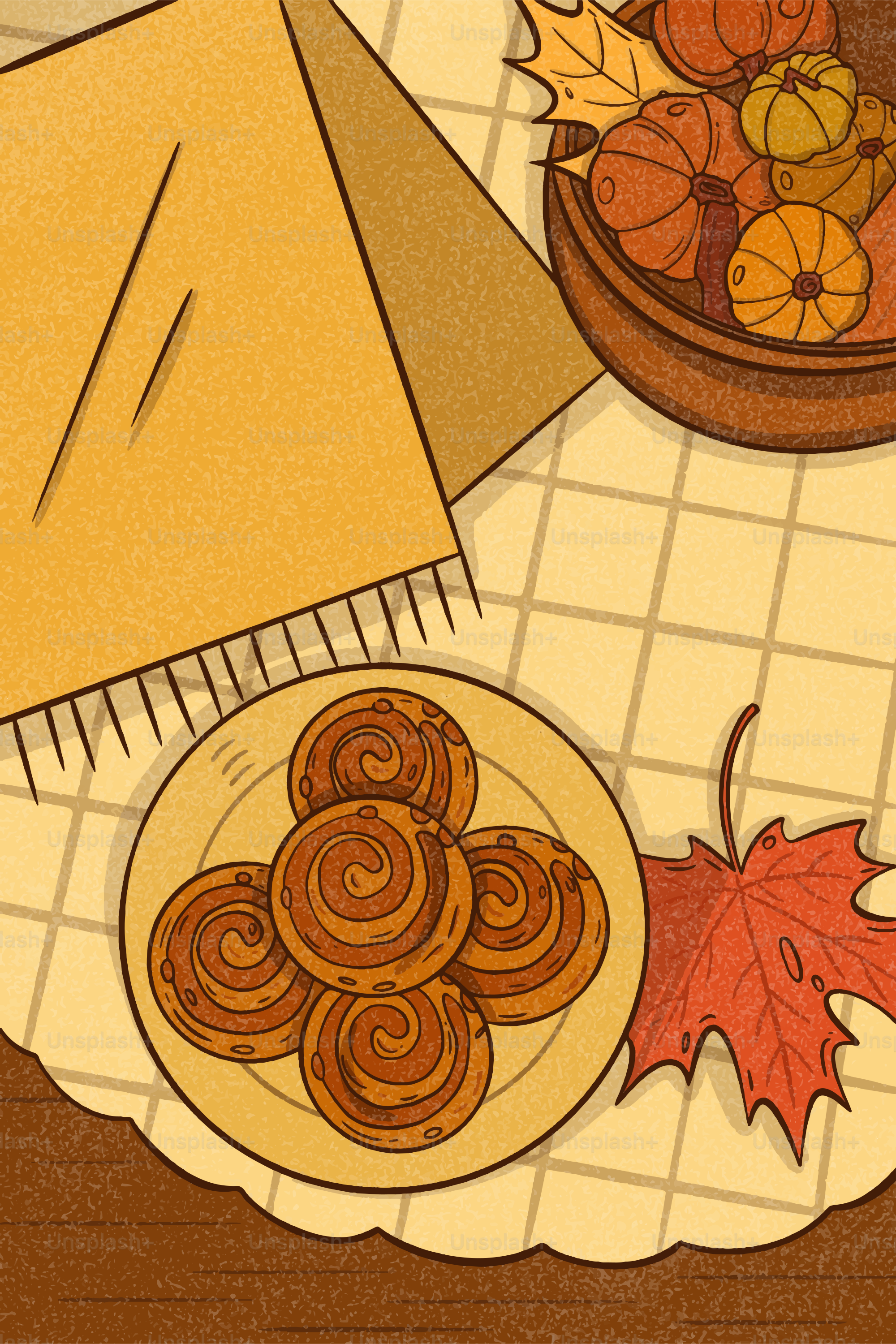 Plate of cinnamon rolls with autumn decorations