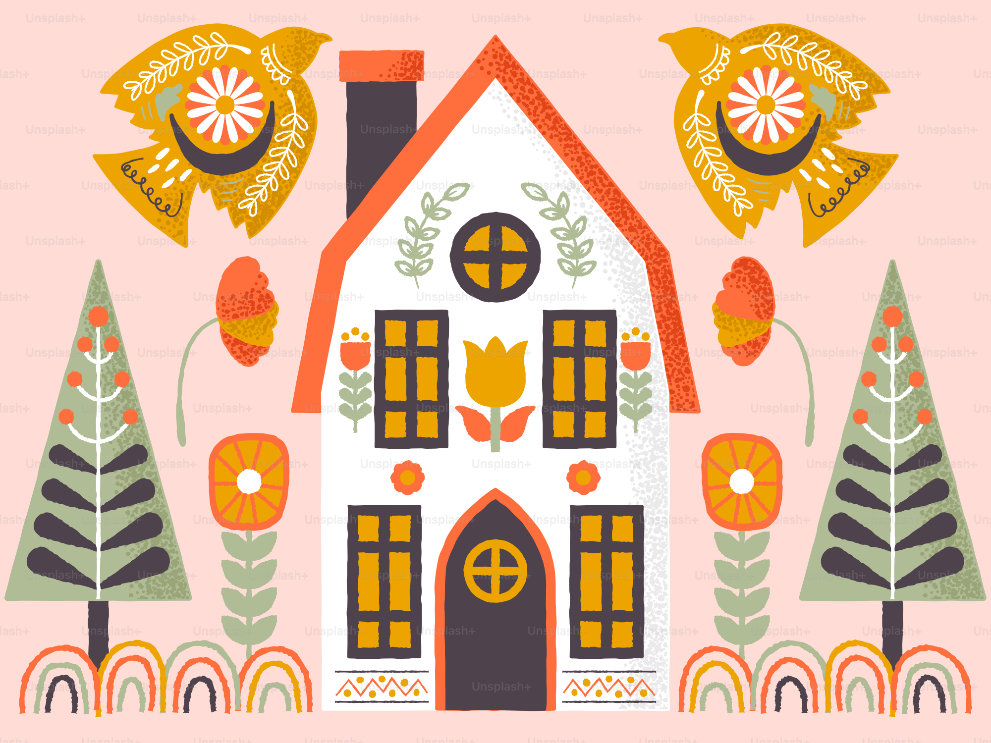 Folk art style house with birds and trees