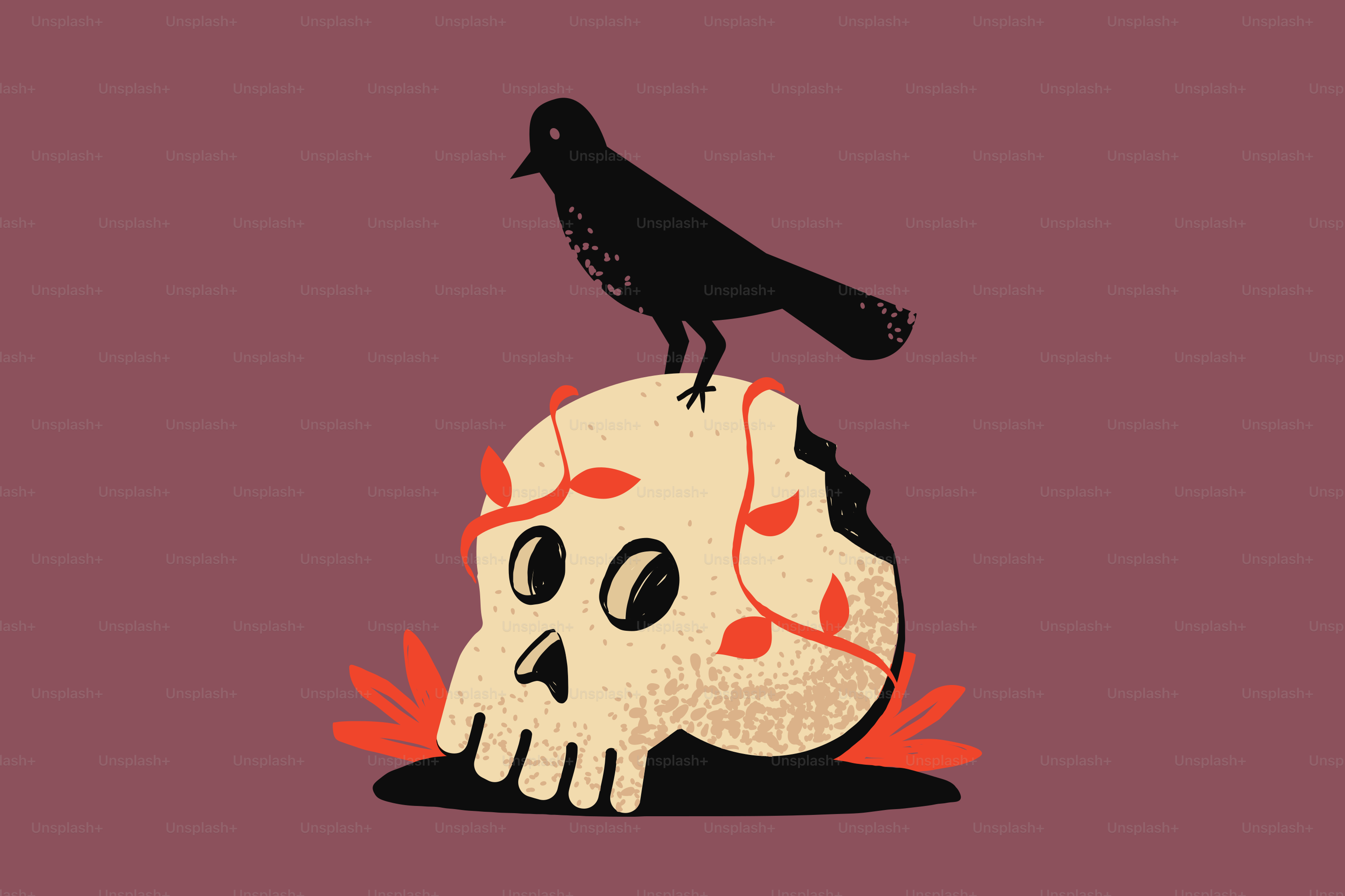 Black bird perched on a cracked skull with vines.