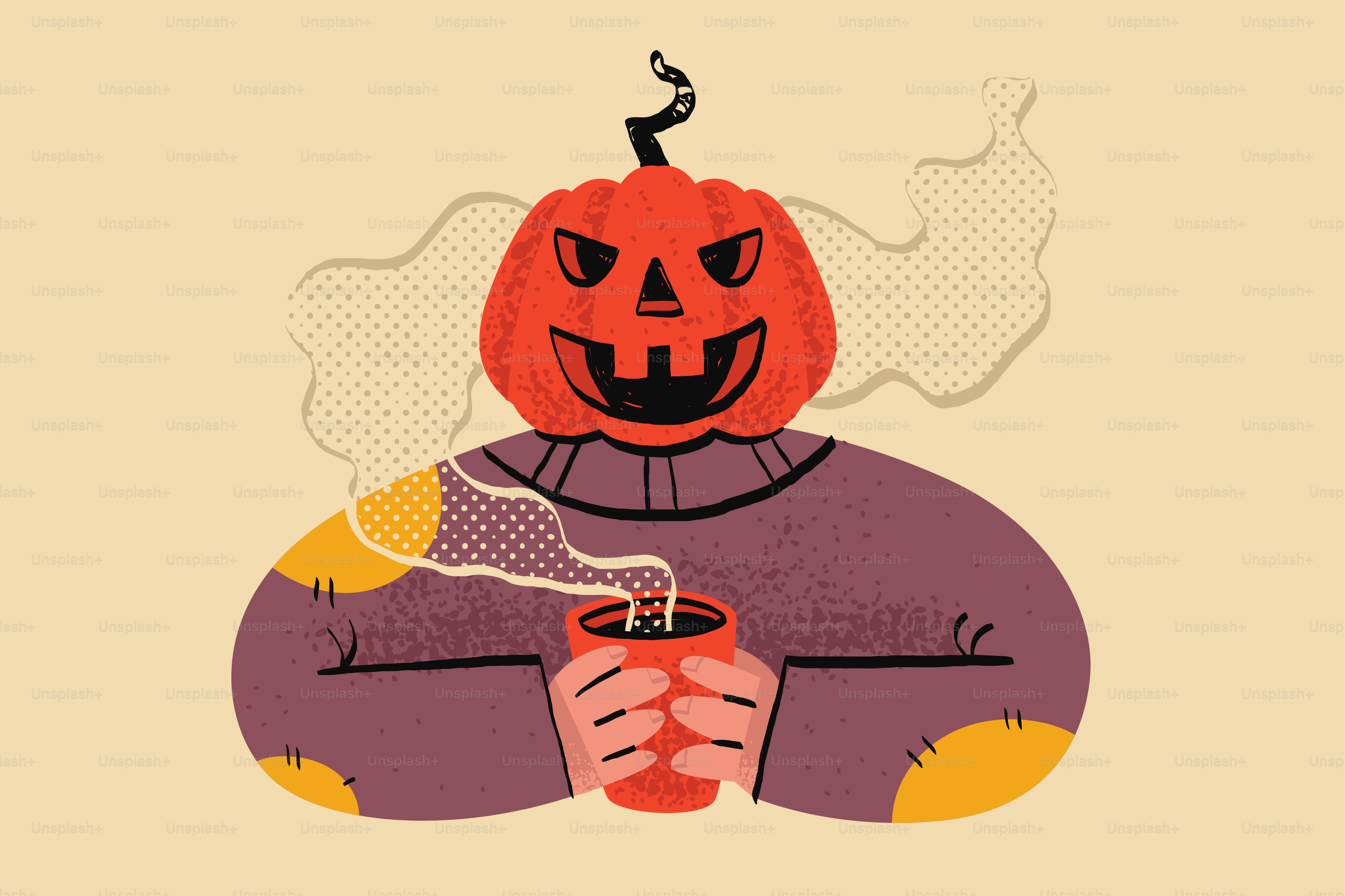 Jack-o-lantern character holding a steaming cup of coffee.