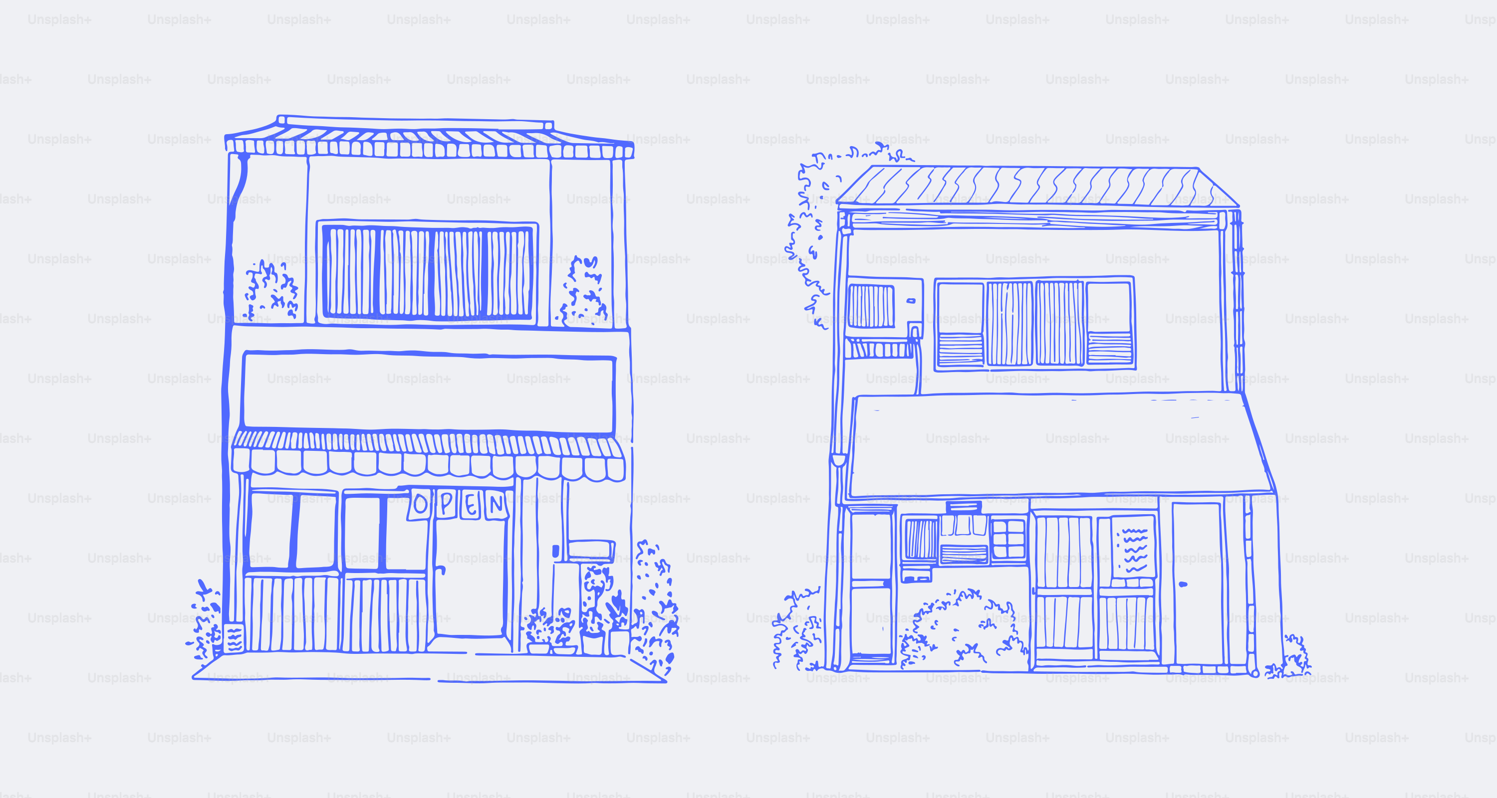 Two japanese houses drawn in blue outline.