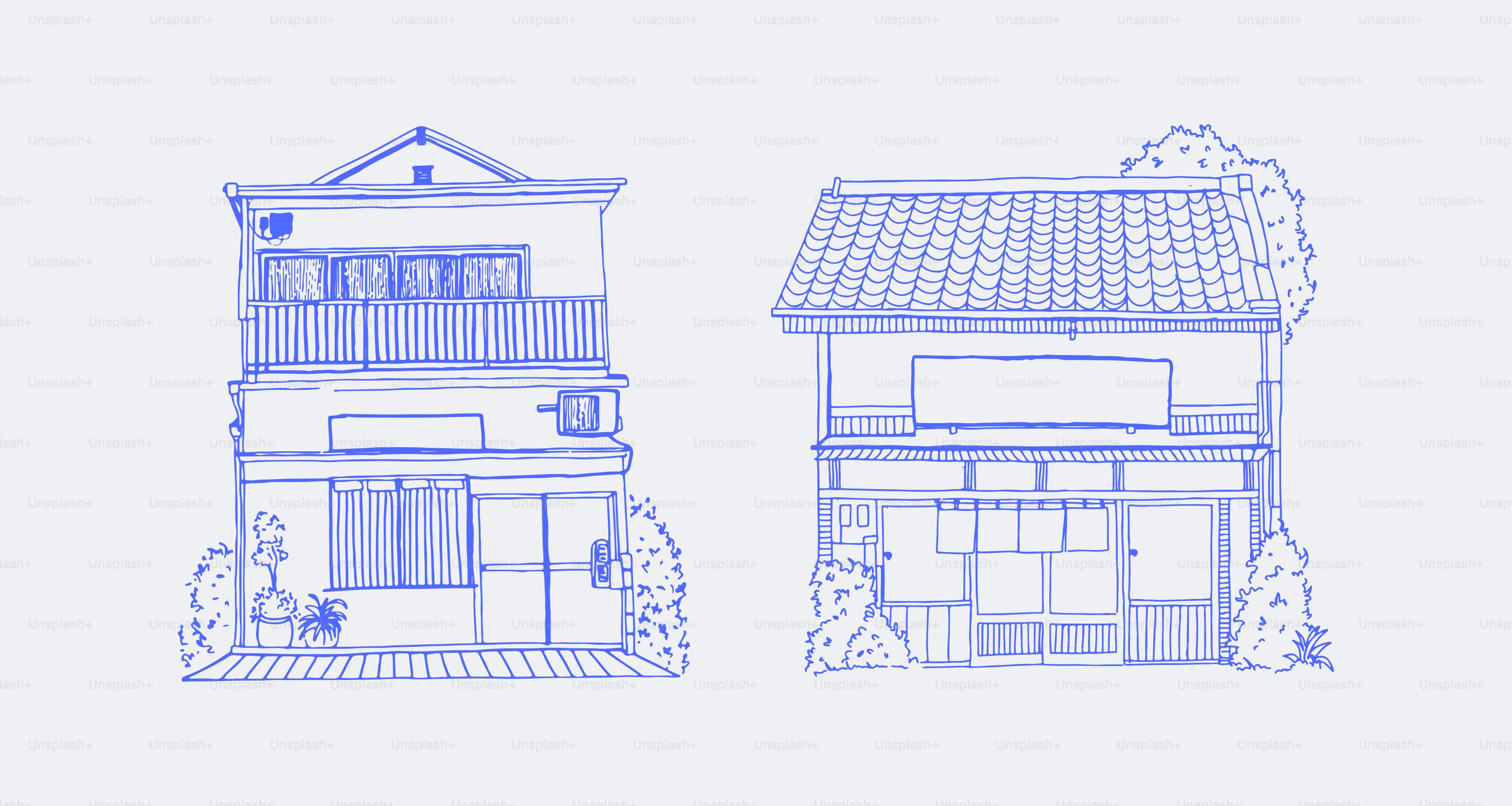 Two blue line drawings of japanese houses.