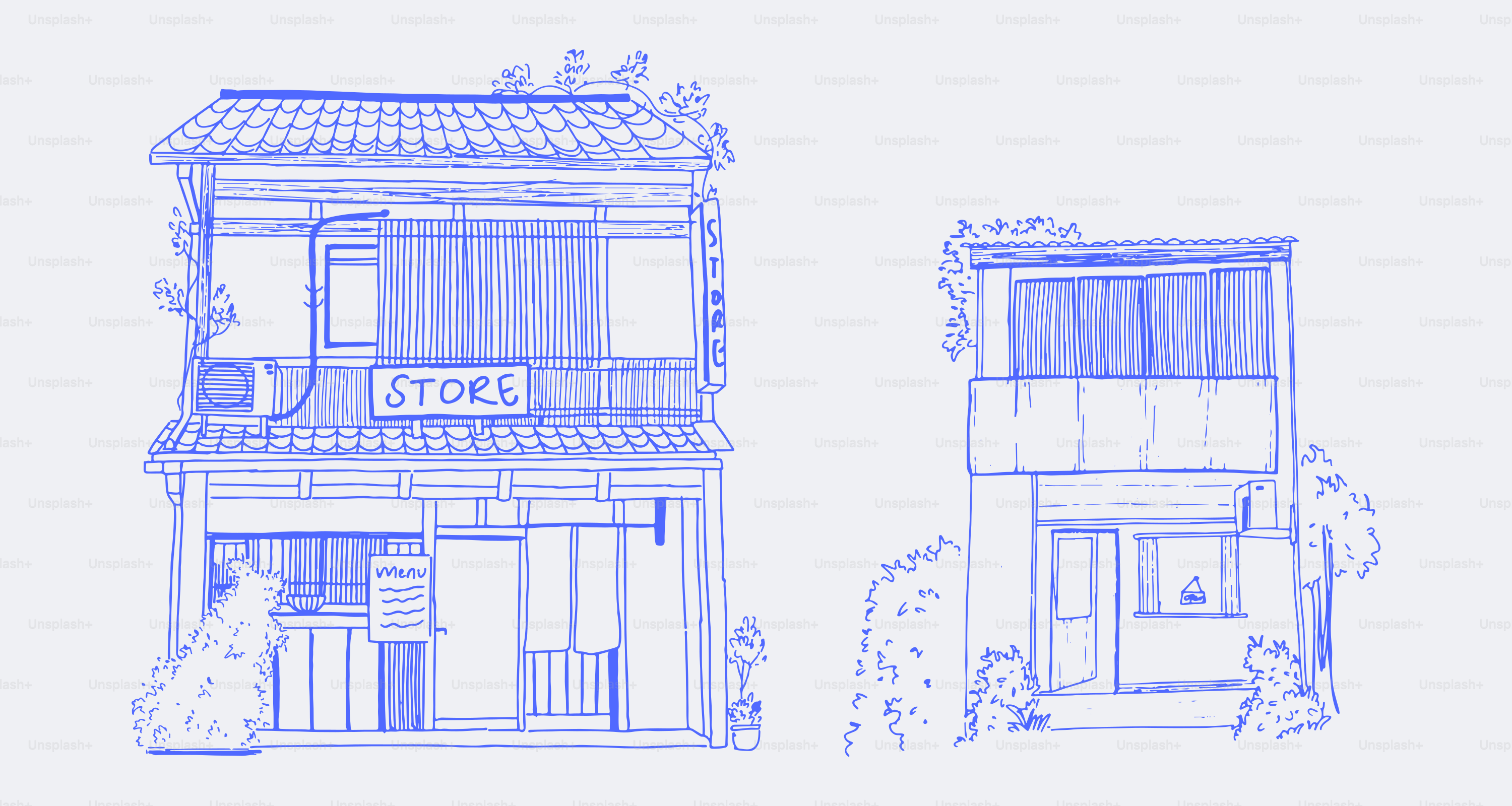 Two japanese buildings with a store sign.