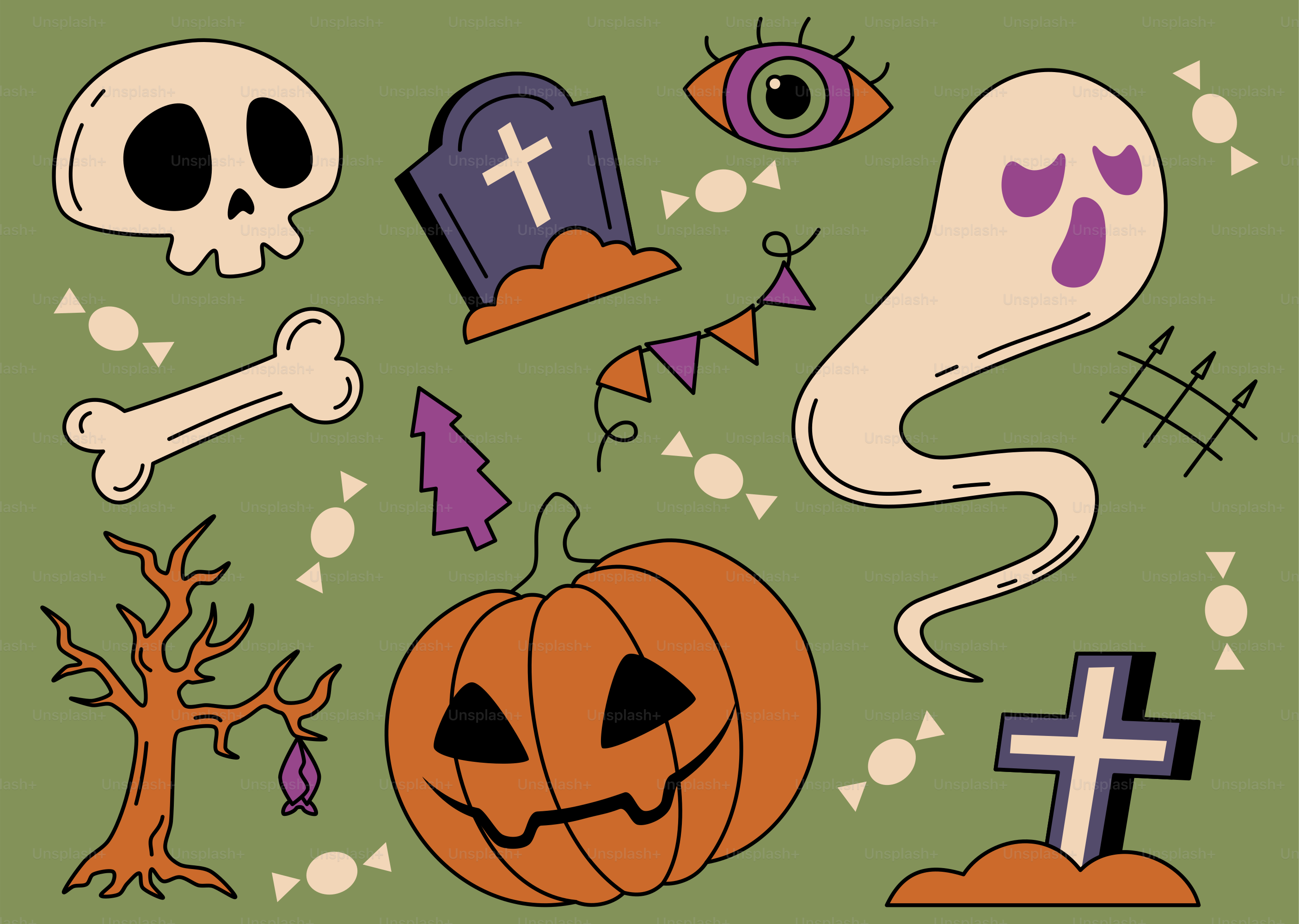 Halloween icons: pumpkin, ghost, skull, tombstone, and tree.