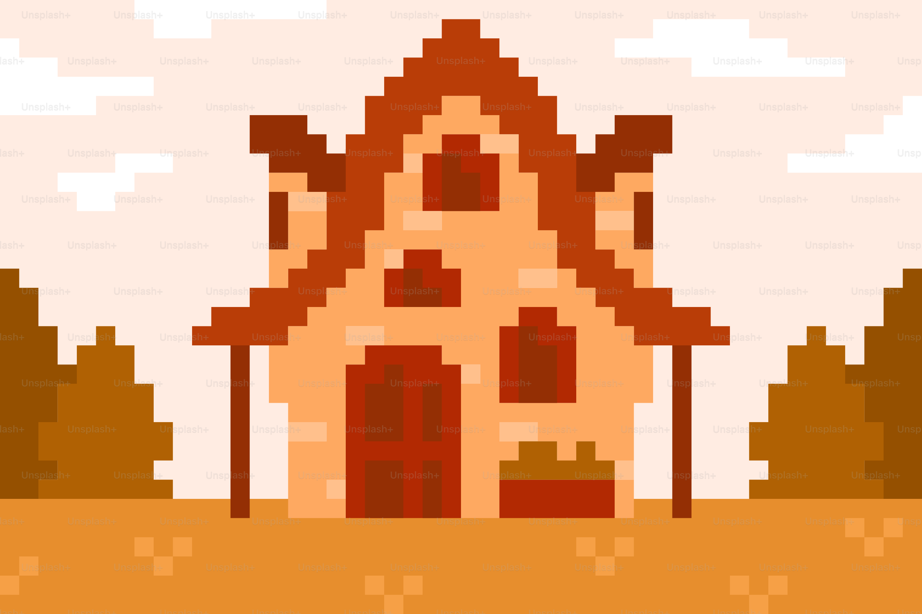 Pixelkunst eines Hauses mit Bäumen und Himmel