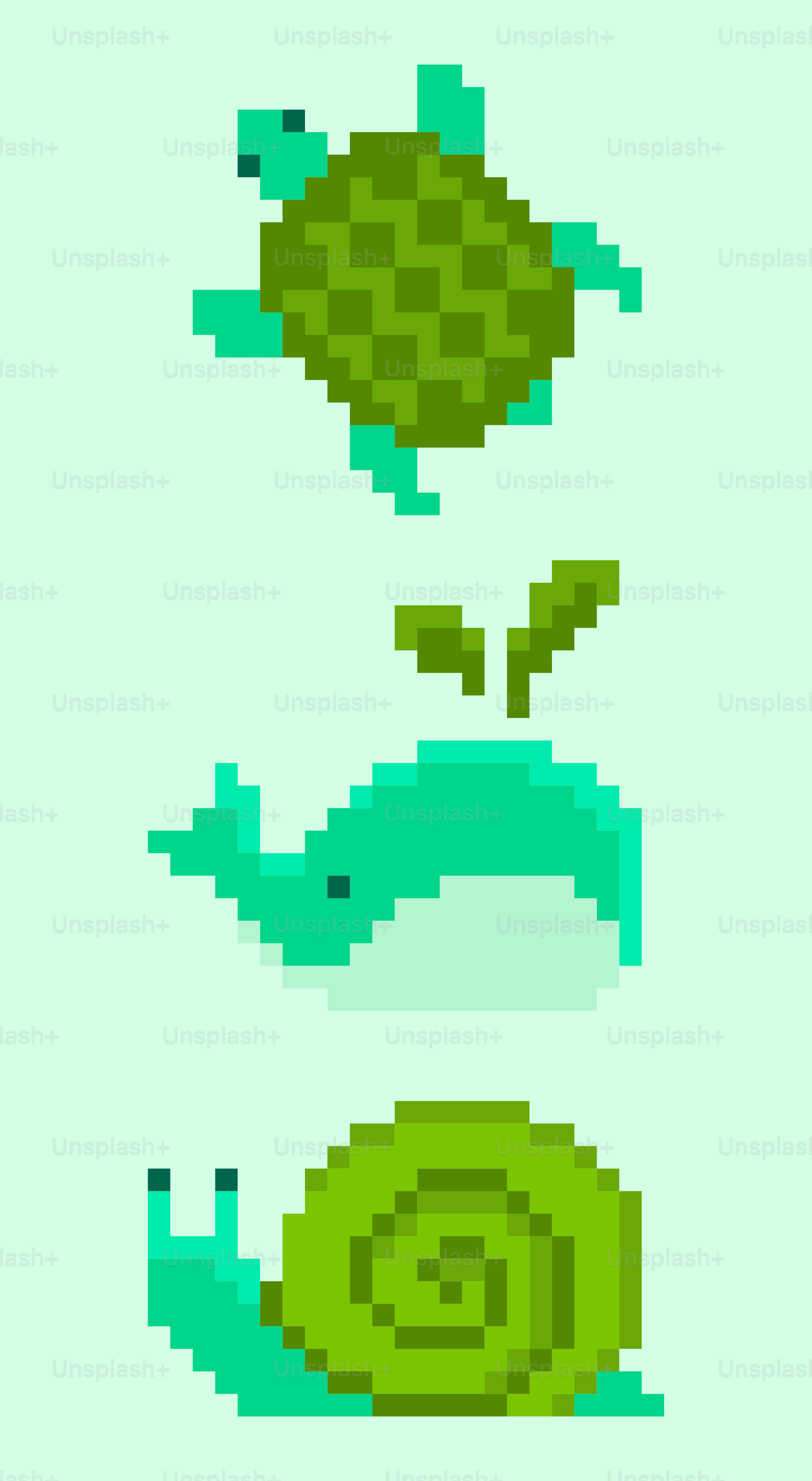 Pixelkunst von einer Schildkröte, einem Wal und einer Schnecke