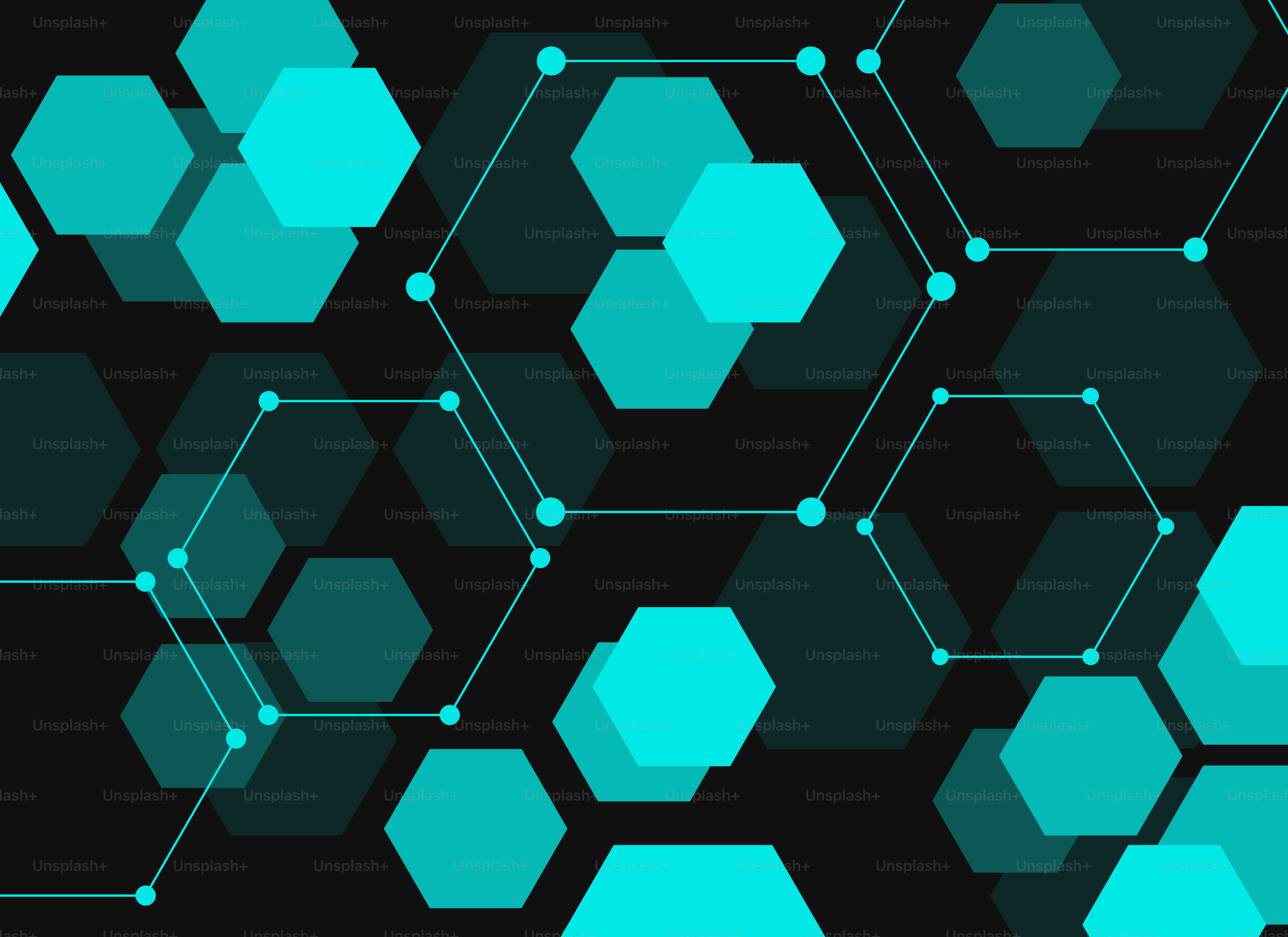 Abstract teal hexagons connected by lines and dots.
