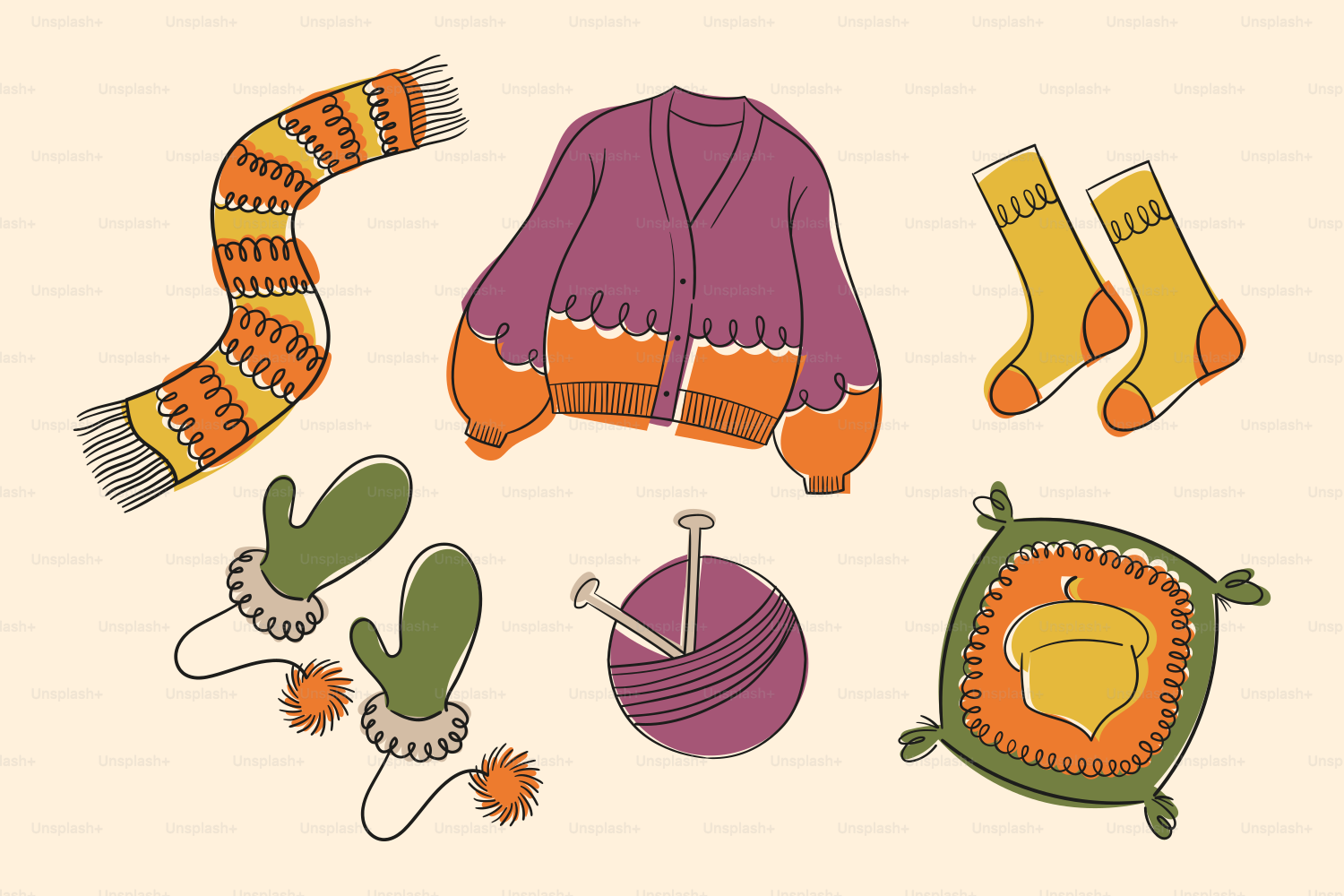 Abbigliamento invernale lavorato a maglia e accessori disposti su uno sfondo crema.