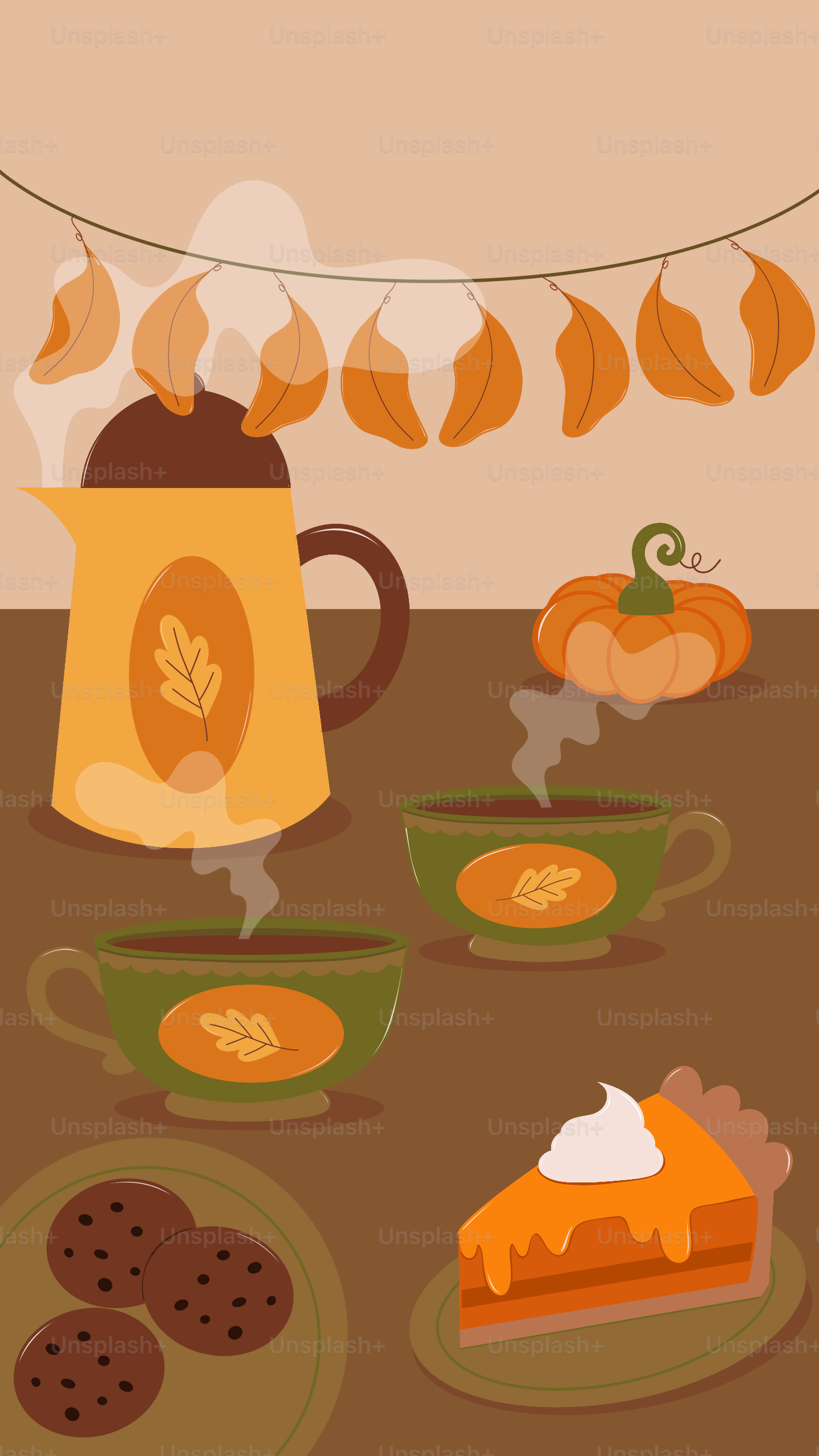 Autumn theme with pumpkin pie, cookies, and hot drinks