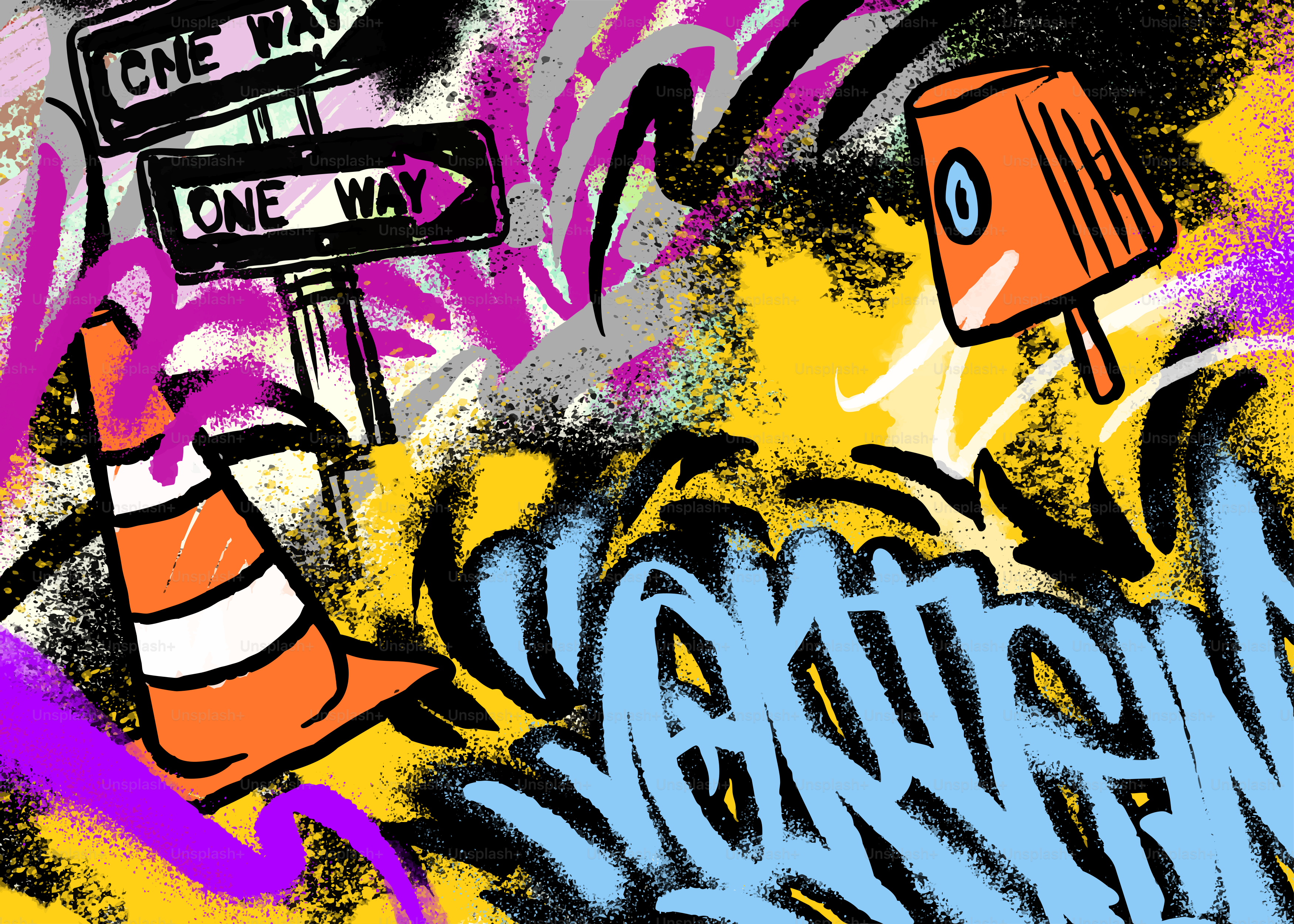 트래픽 콘과 스프레이 페인트 캔을 사용한 그래피티 아트 벡터 – Unsplash의 예술 이미지, image size:3000x2143