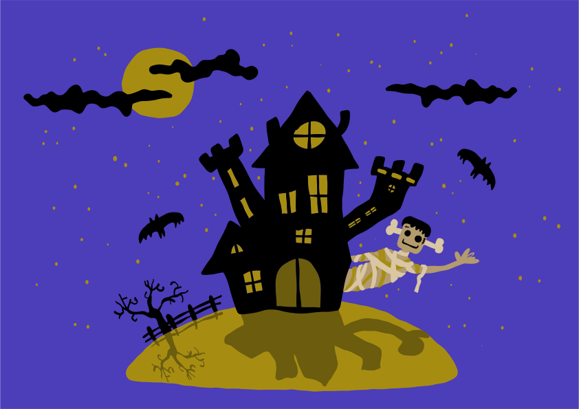 Spooky haunted house with mummy and bats at night