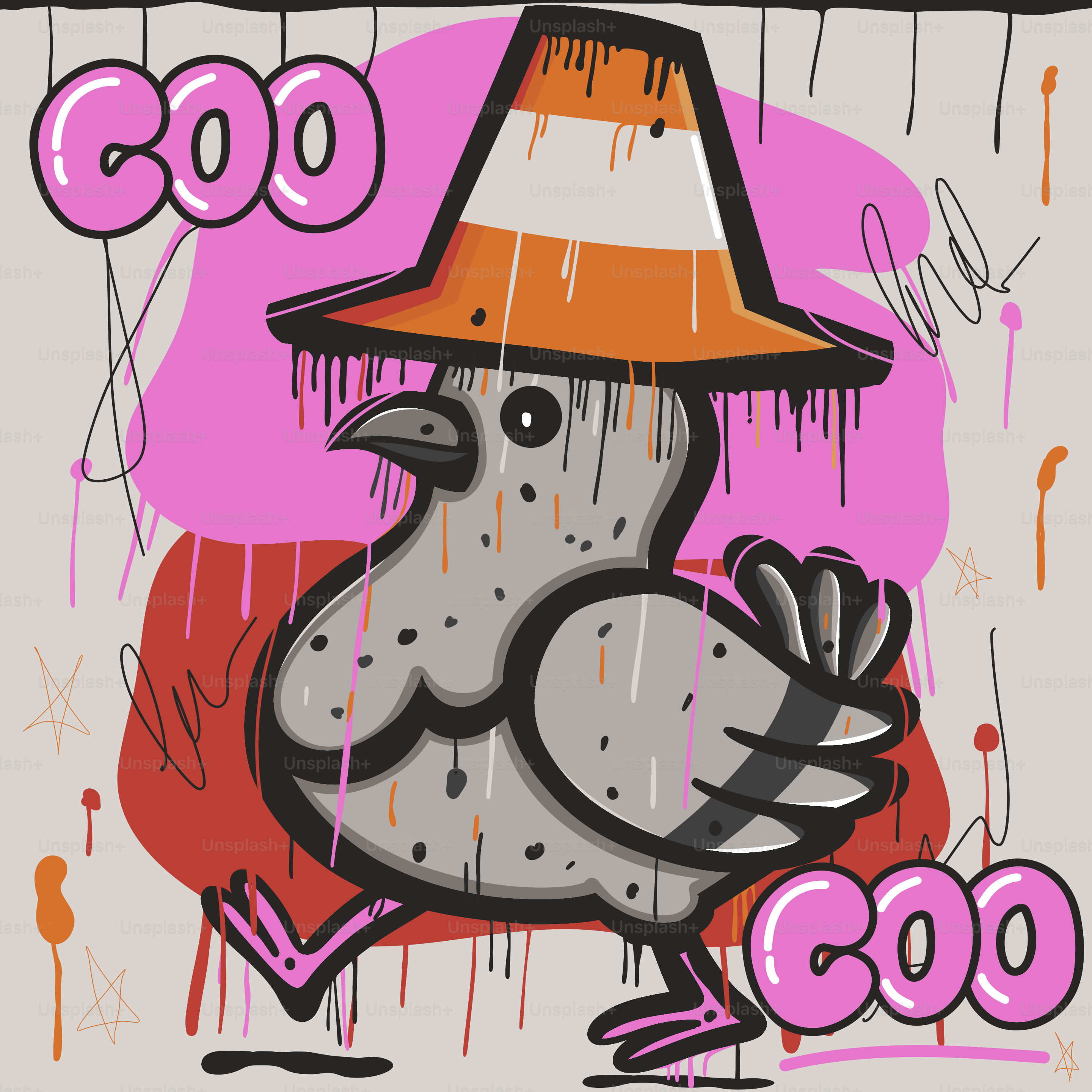 Cartoon pigeon wearing a traffic cone hat