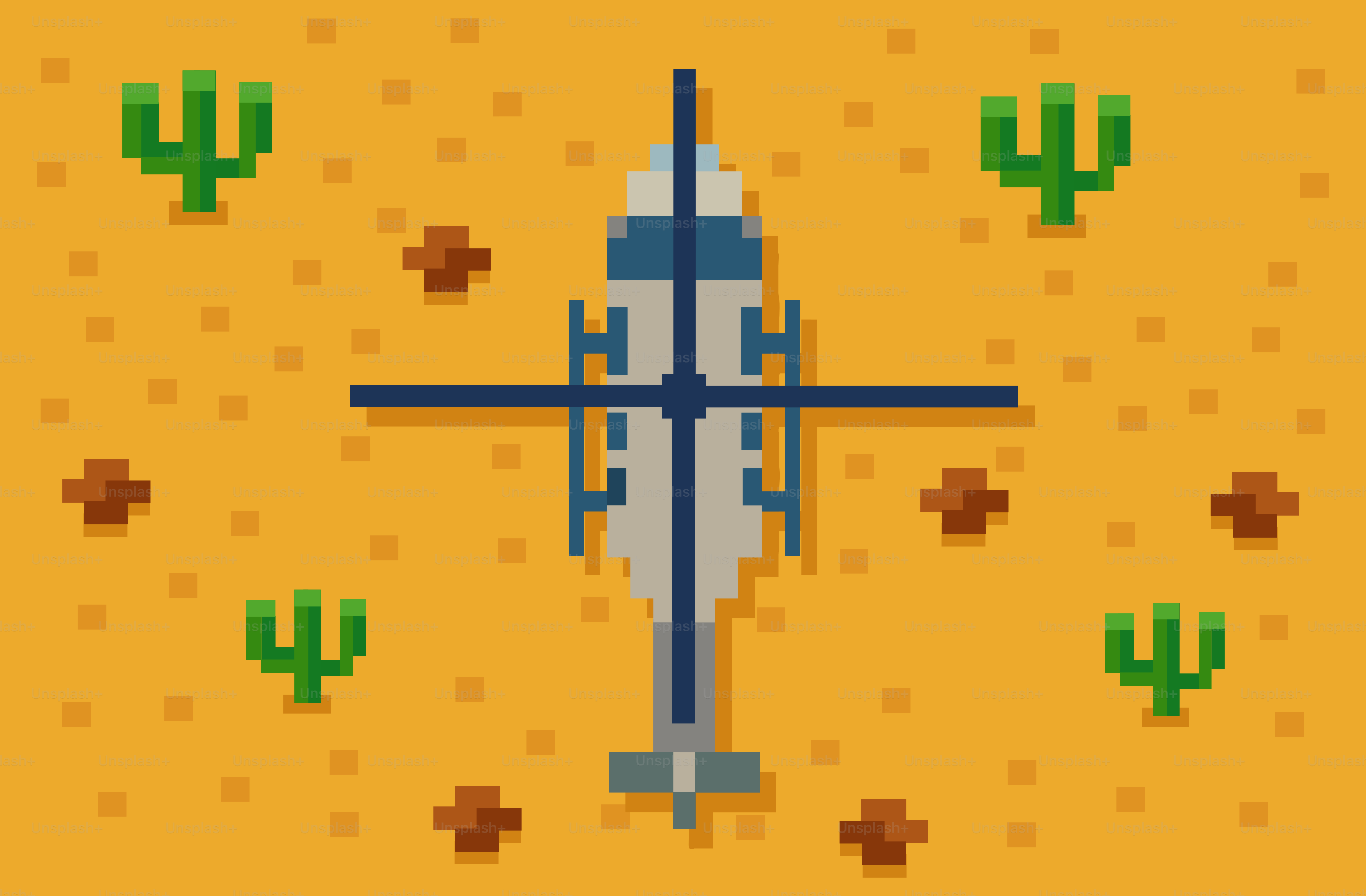 Helicopter in a desert with cacti and rocks.