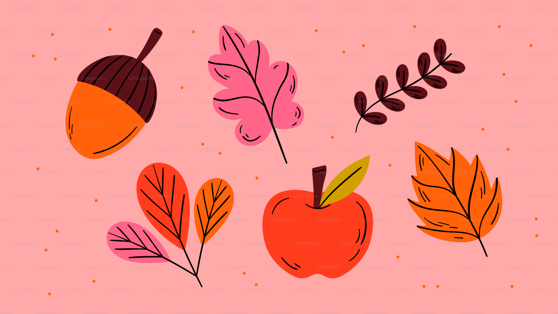 Autumnal elements including an acorn, apple, and leaves.