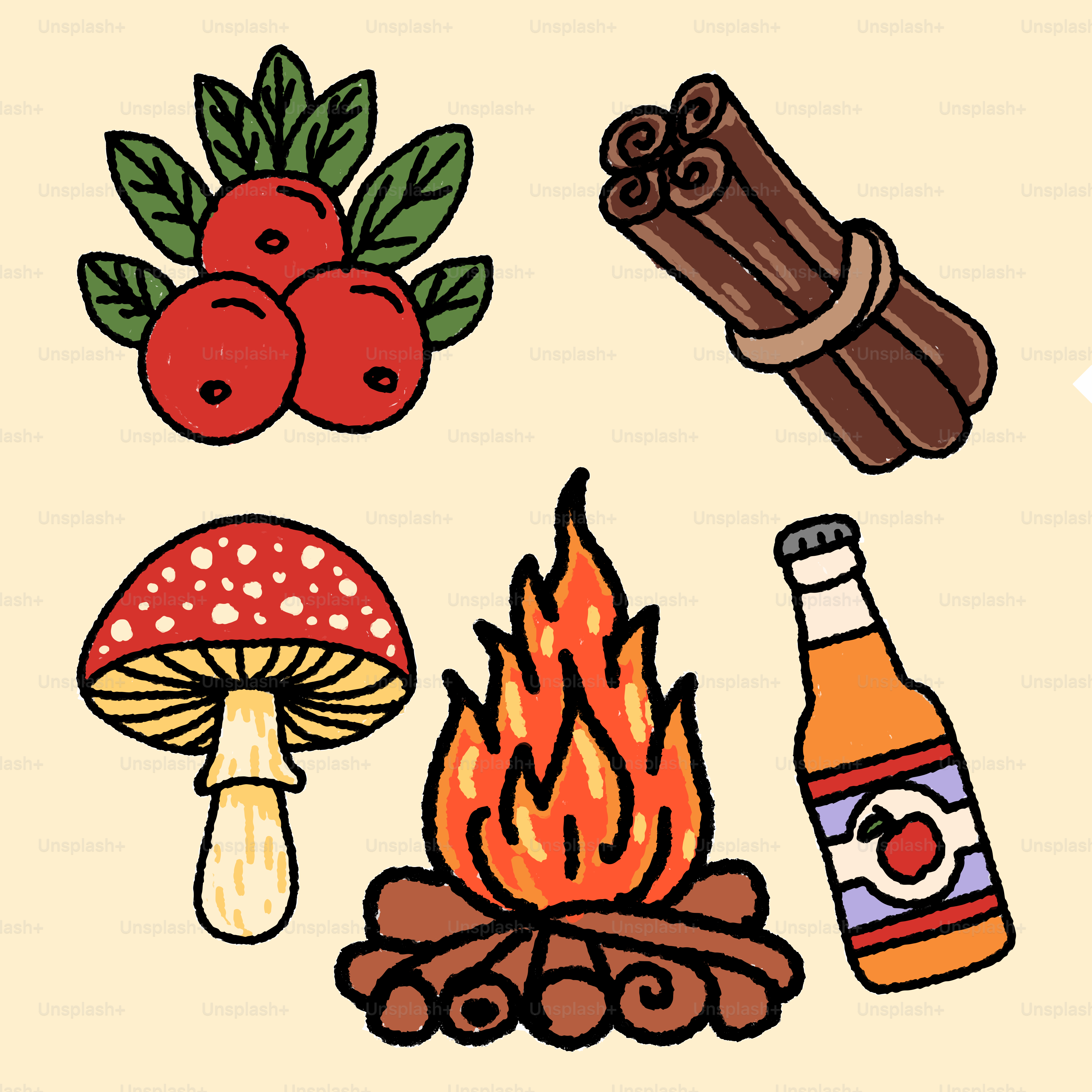 Autumnal elements: cranberries, cinnamon, mushroom, campfire, cider