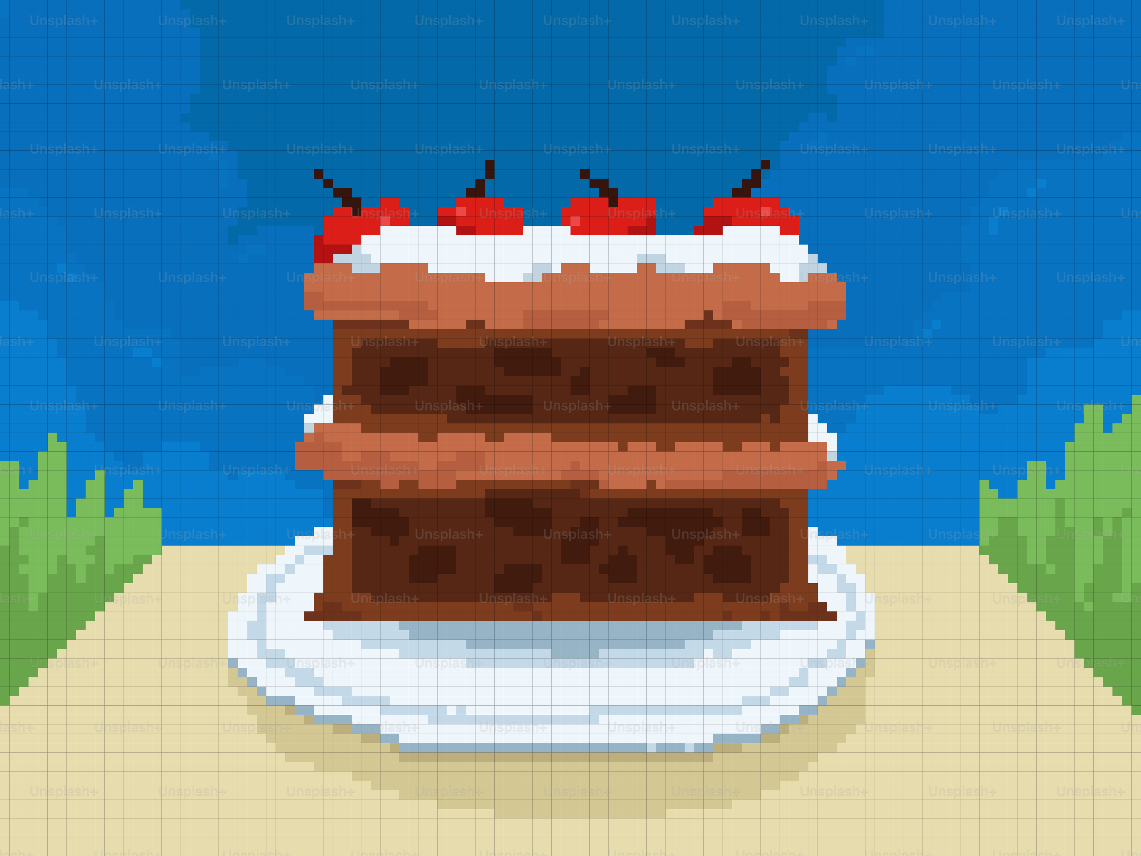 A pixel art chocolate cake with cherries on top.
