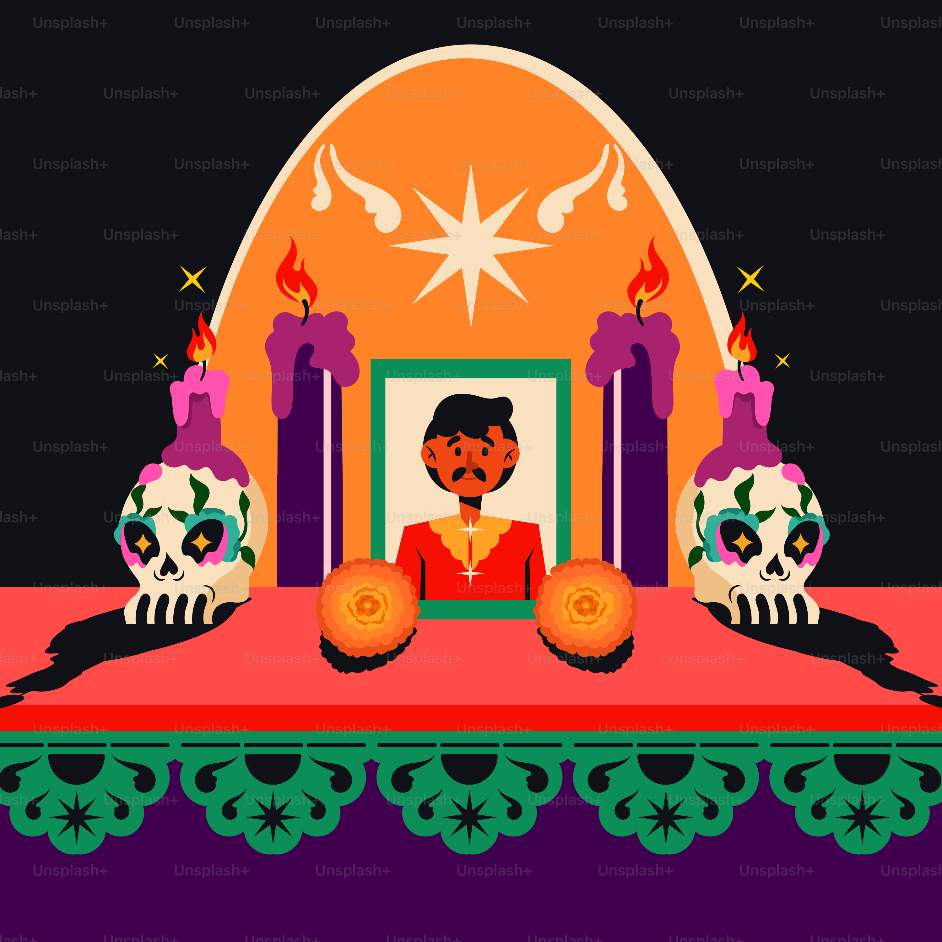 Day of the dead altar with skulls and candles